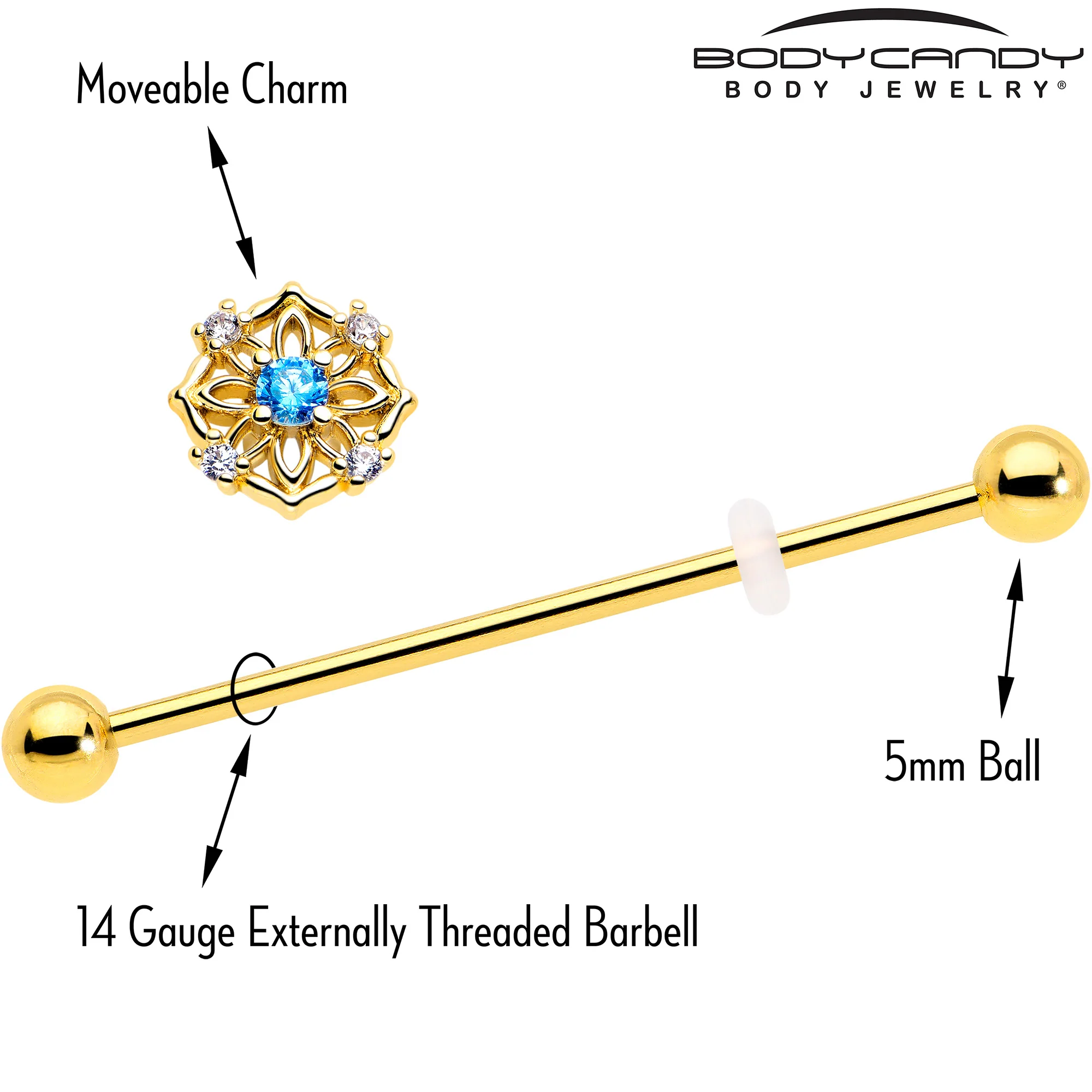 14G Blue CZ Gem Gold Tone Flower Ring Industrial Barbell 38mm - Image 4