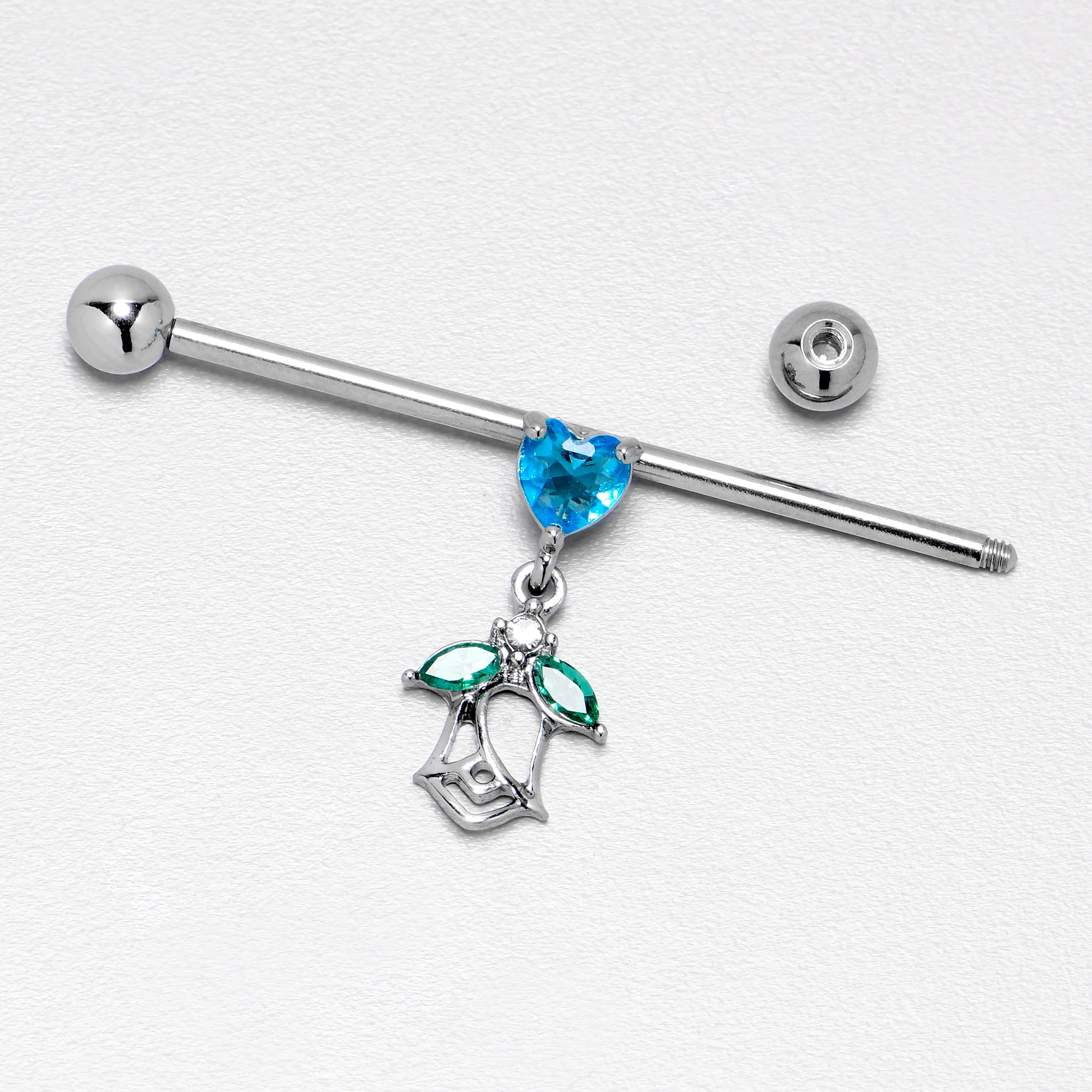 14G Blue CZ Gem Heart And Rose Dangle Industrial Barbell 38mm - Image 7