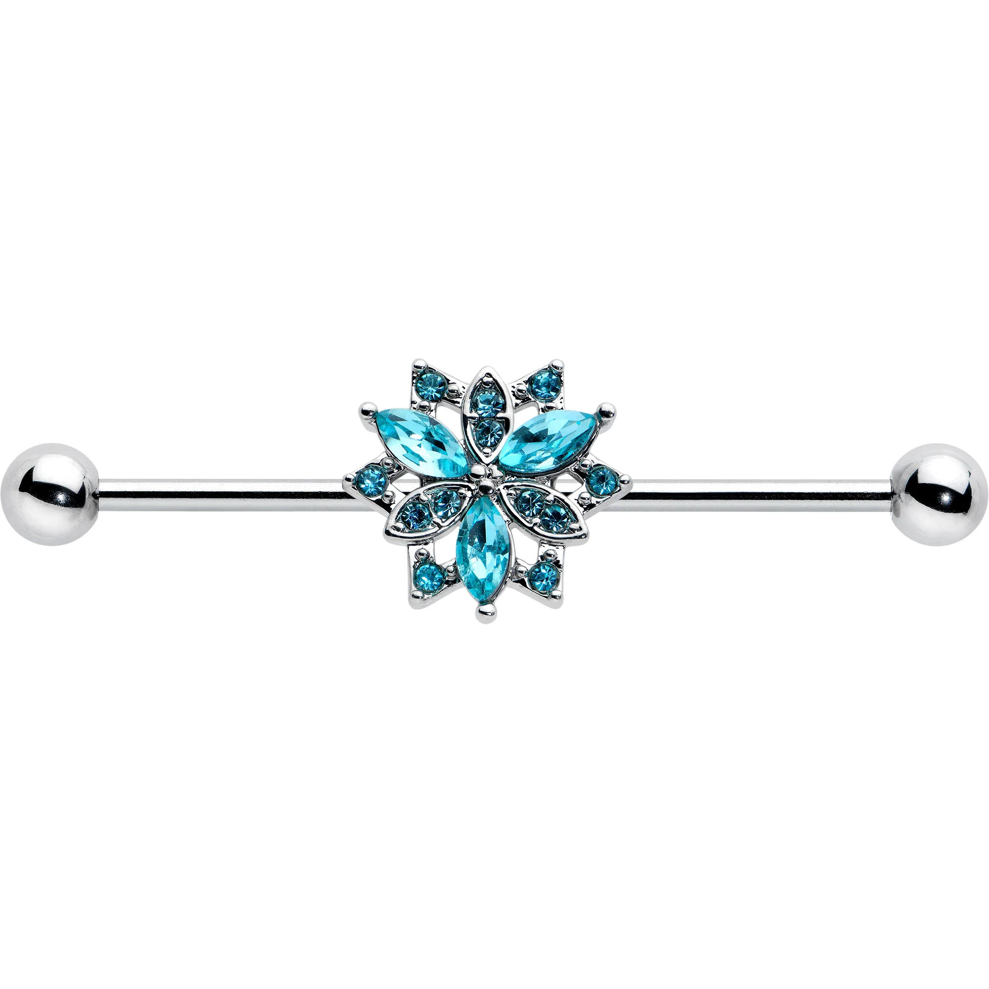 14G Blue CZ Gem Ornate Snowflake Industrial Barbell 38mm - Image 2