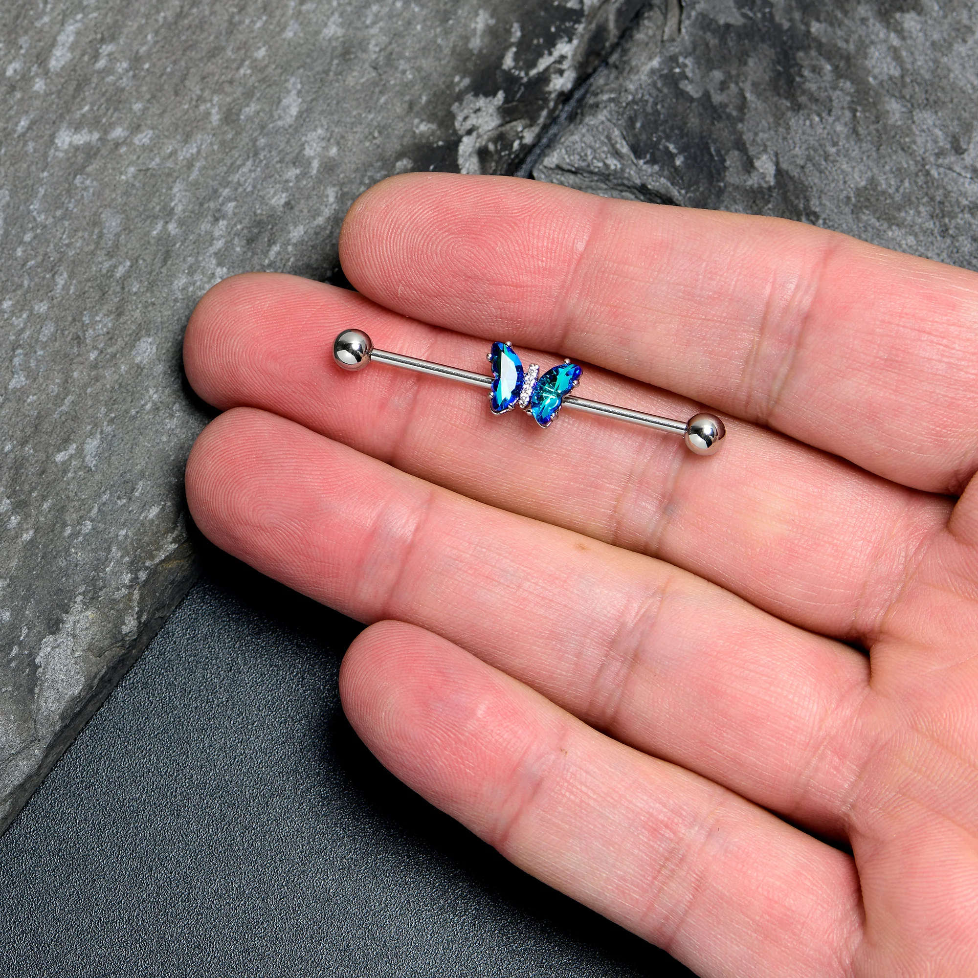 14G Blue CZ Gem Simply Colorful Butterfly Industrial Barbell 38mm - Image 3