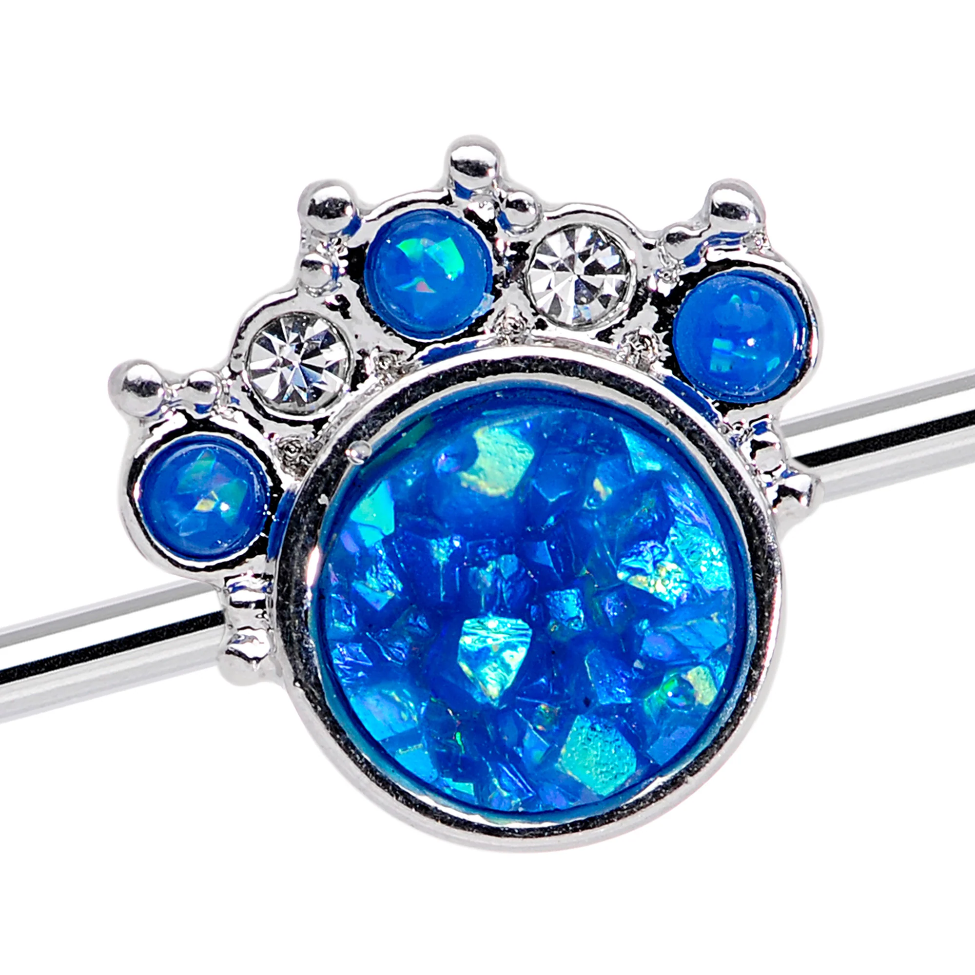 14G Blue Faux Opal Clear Gem Paw Print Industrial Barbell 38mm - Image 2