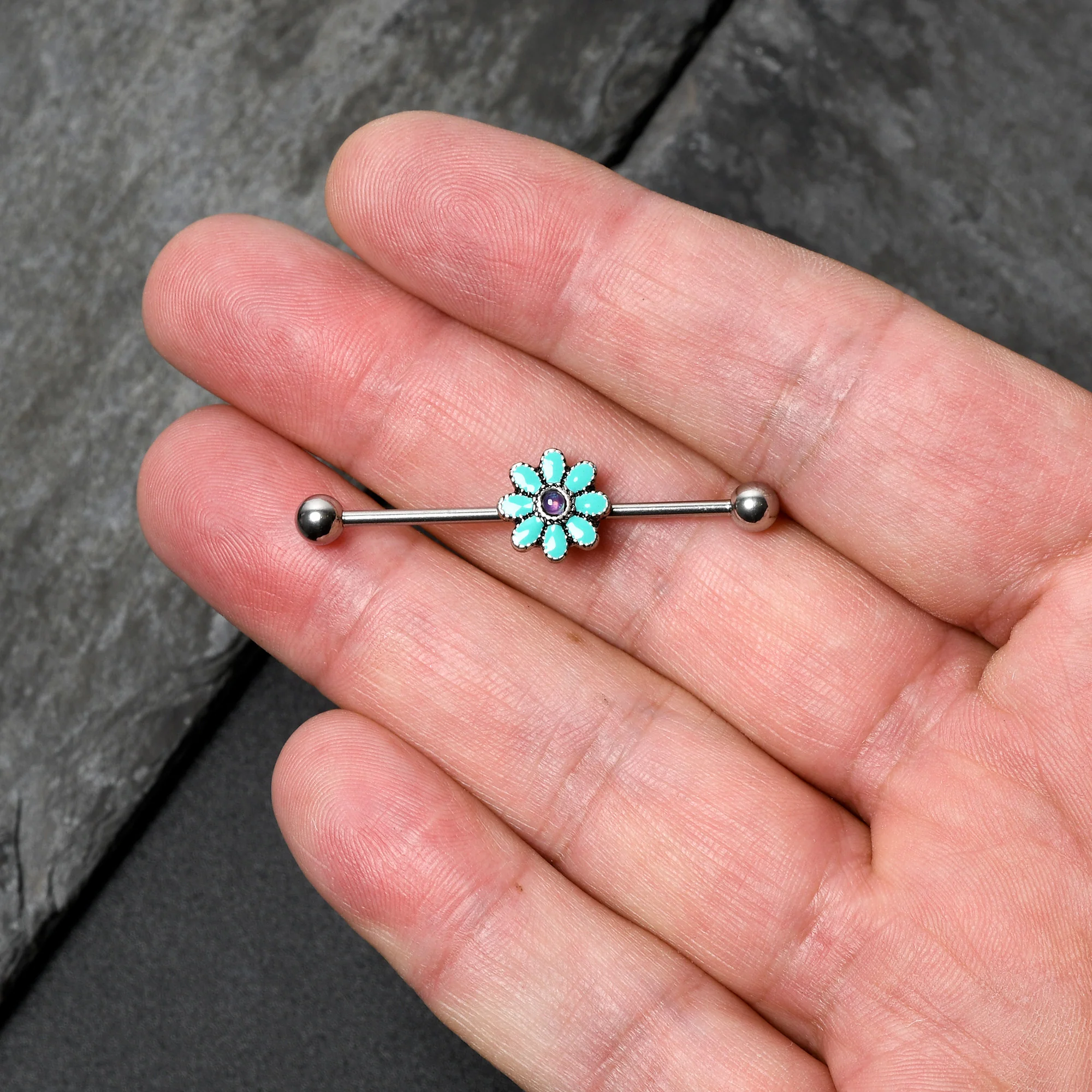 14G Blue Faux Opal Flower Teal Petals Industrial Barbell 38mm - Image 5