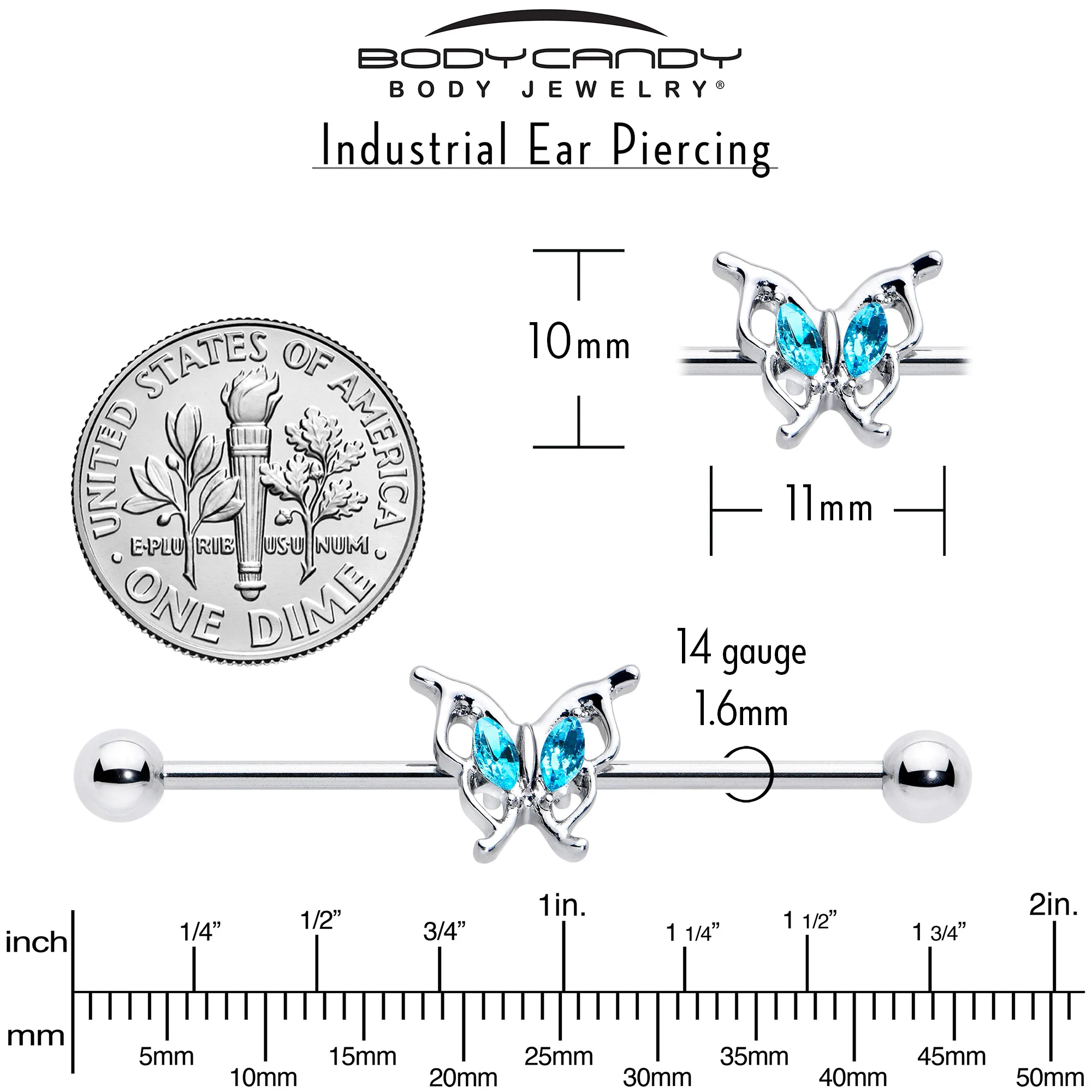14G Blue Gem Fancy Fab Butterfly Industrial Barbell 38mm - Image 7