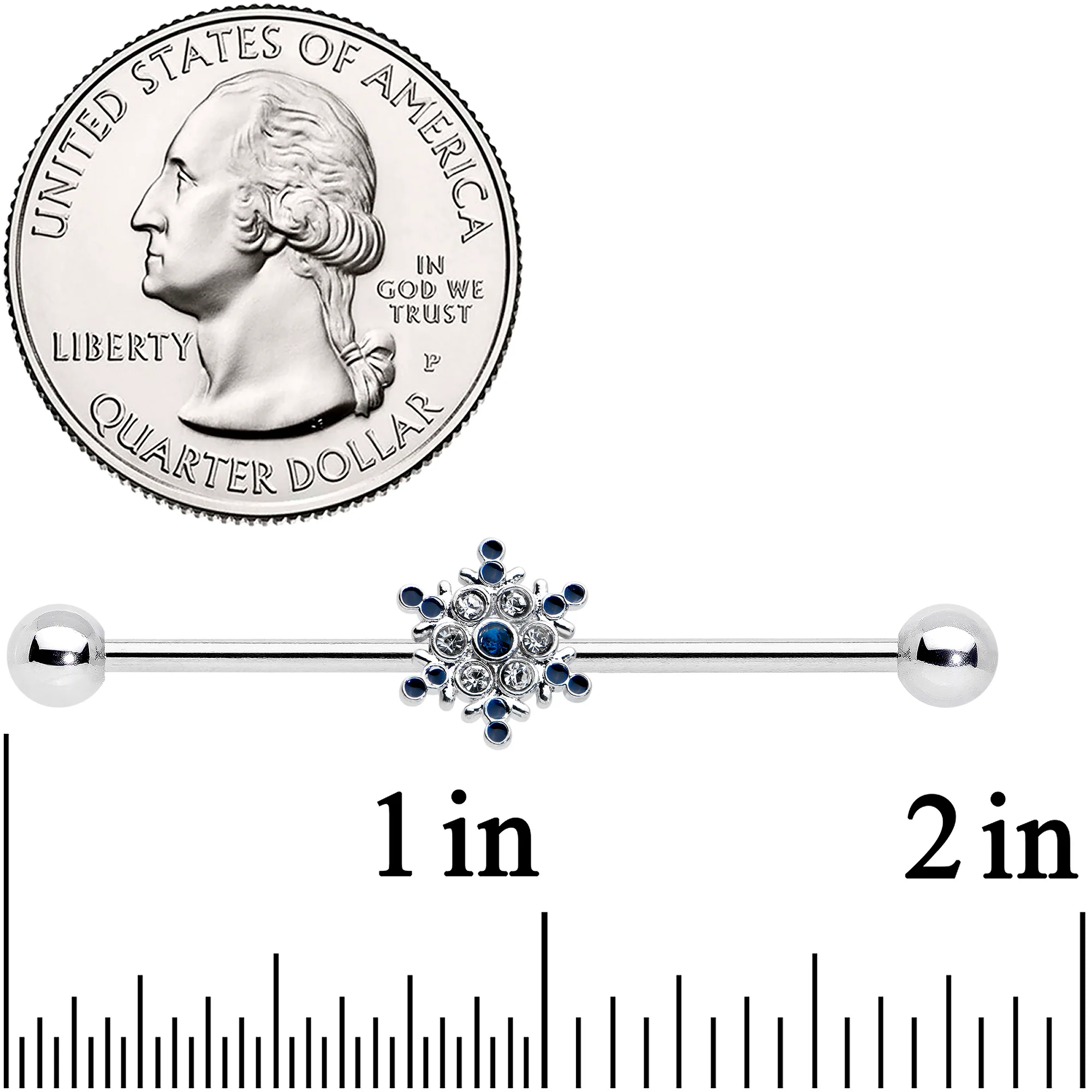 14G Blue Gem Festive Snowflake Christmas Industrial Barbell 38mm - Image 2