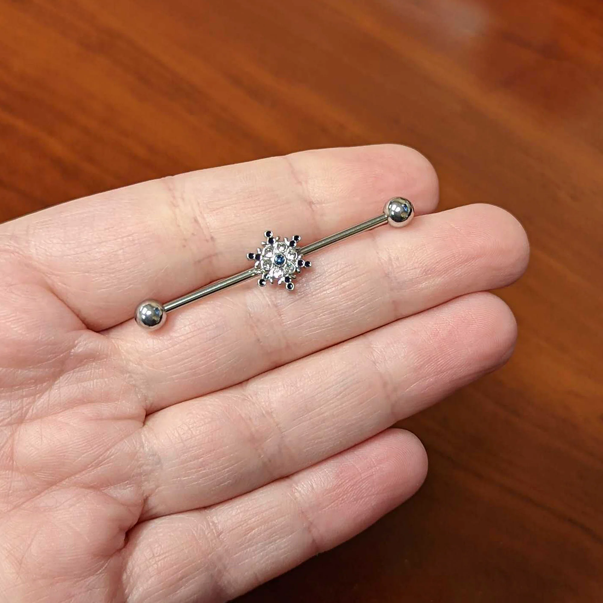 14G Blue Gem Festive Snowflake Christmas Industrial Barbell 38mm - Image 3