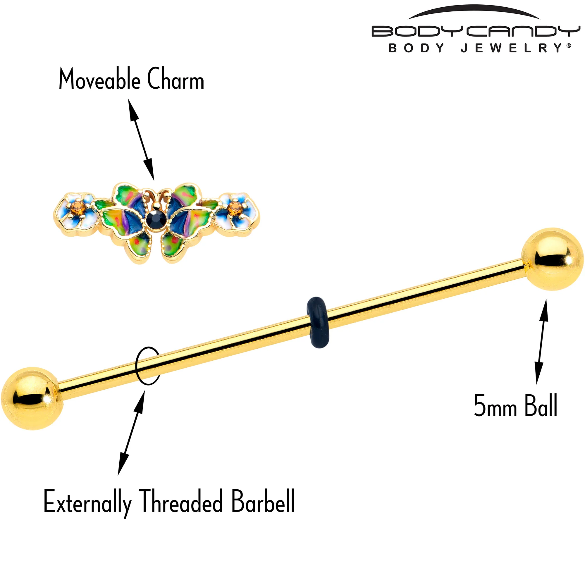 14G Blue Gem Gold Tone Butterfly Colors Industrial Barbell 38mm - Image 4