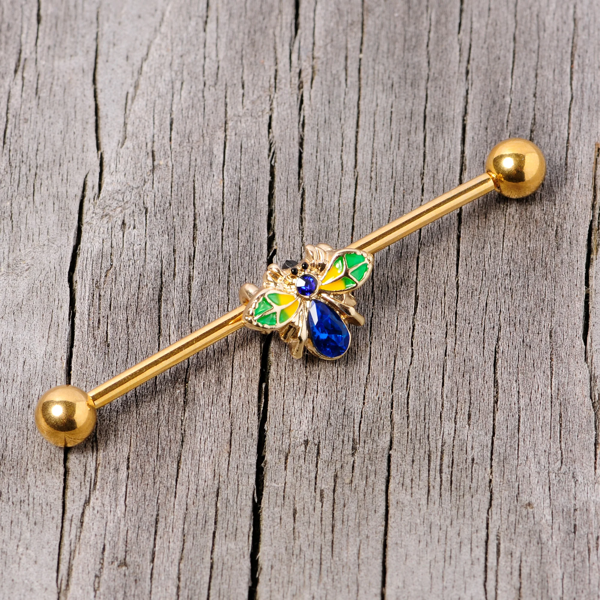 14G Blue Gem Gold Tone Colorful Bee Industrial Barbell 38mm - Image 4