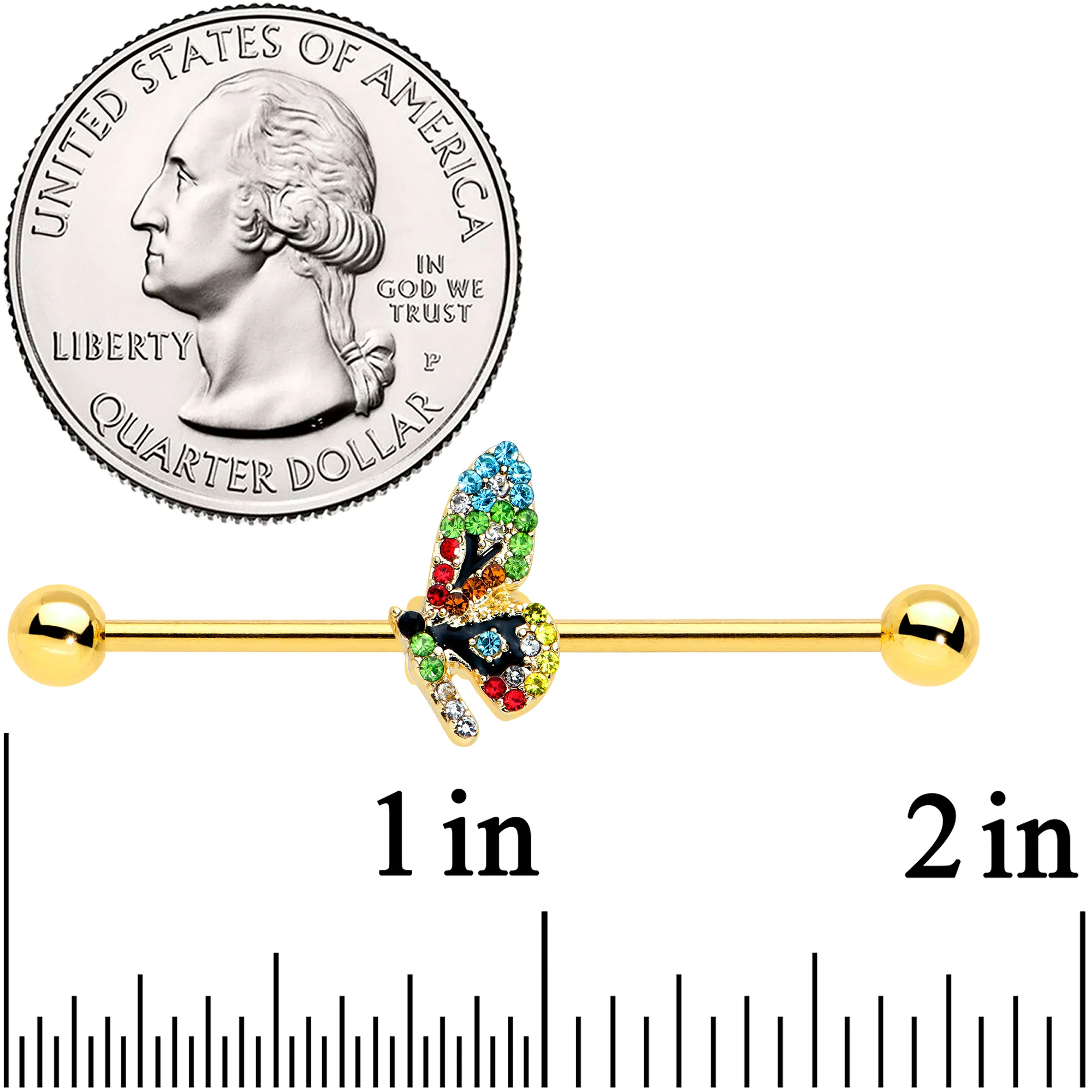 14G Blue Gem Gold Tone Glitz Dragonfly Industrial Barbell 38mm - Image 2