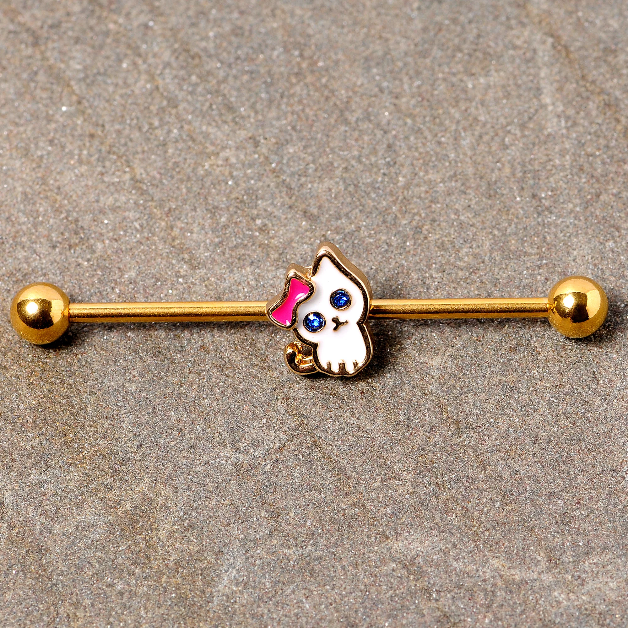 14G Blue Gem Gold Tone Sweet Kitty Cat Industrial Barbell 38mm - Image 3