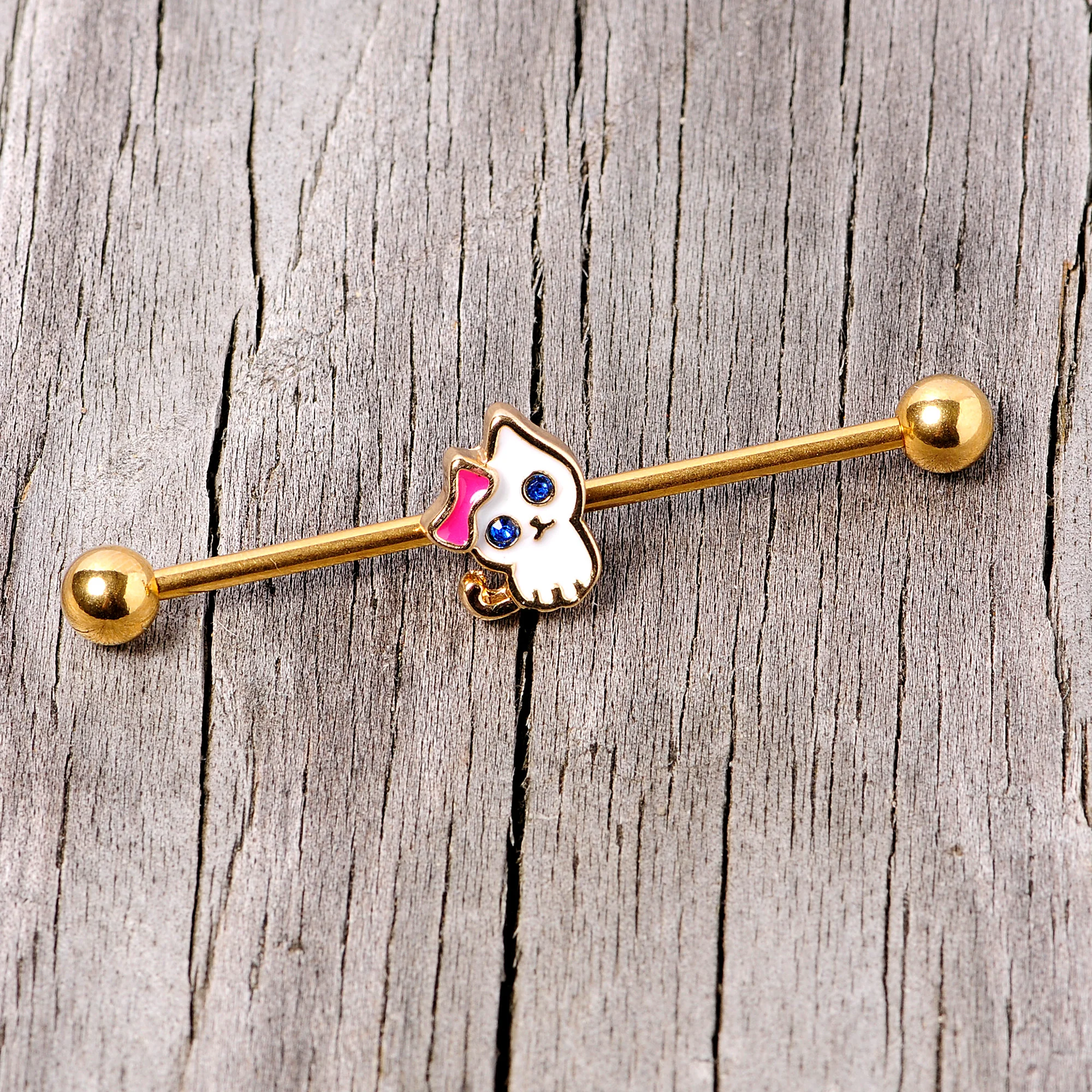 14G Blue Gem Gold Tone Sweet Kitty Cat Industrial Barbell 38mm - Image 4