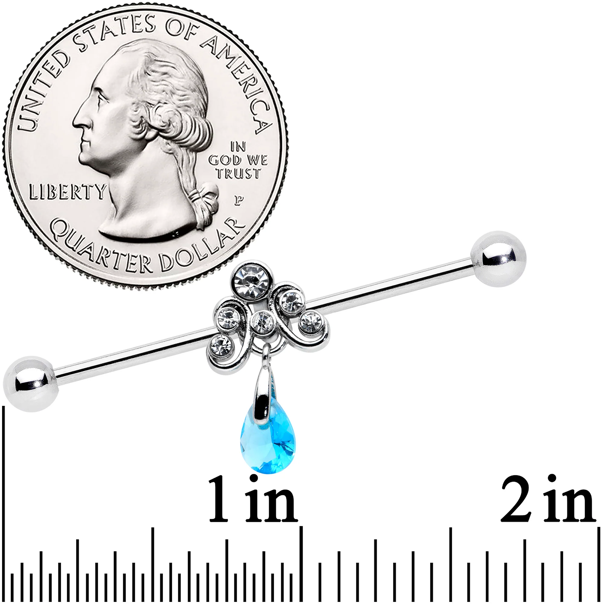 14G Blue Gem Scrolling Elegance Dangle Industrial Barbell 38mm - Image 2