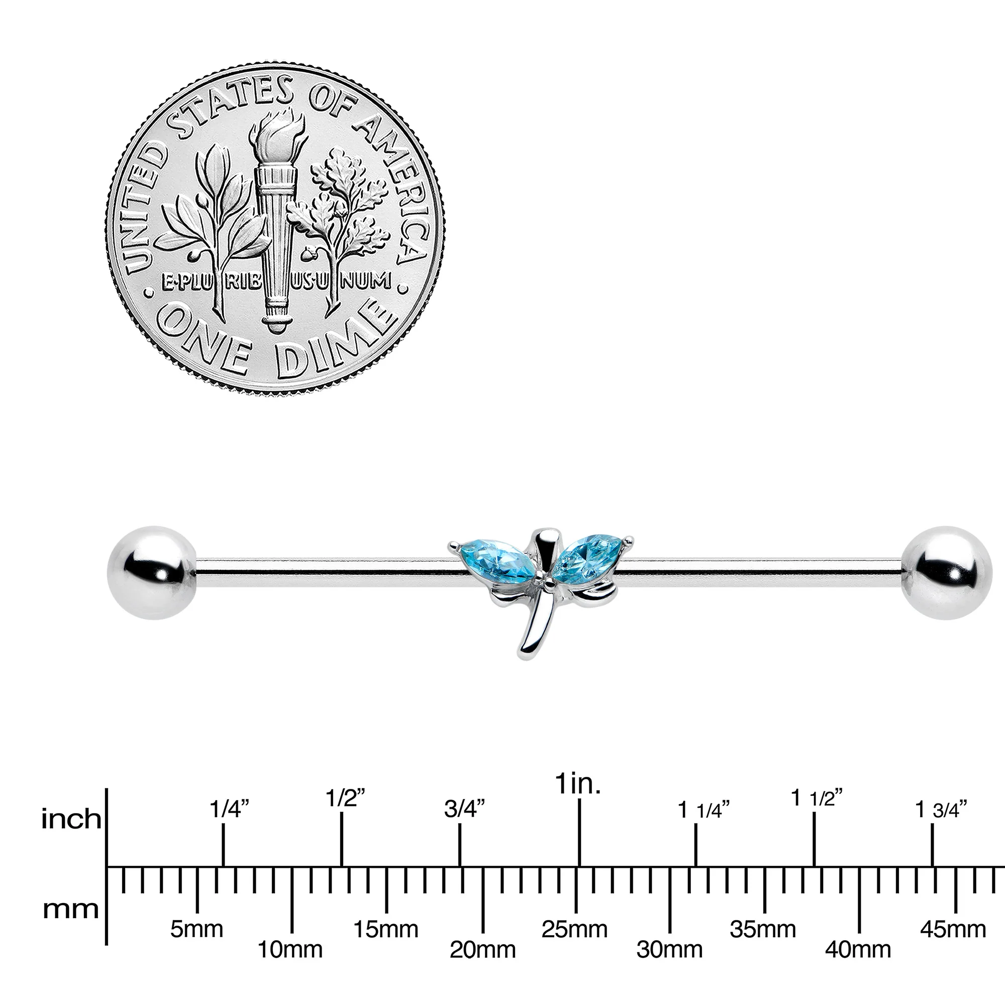 14G Blue Gem Simple Stylized Dragonfly Industrial Barbell 38mm - Image 3