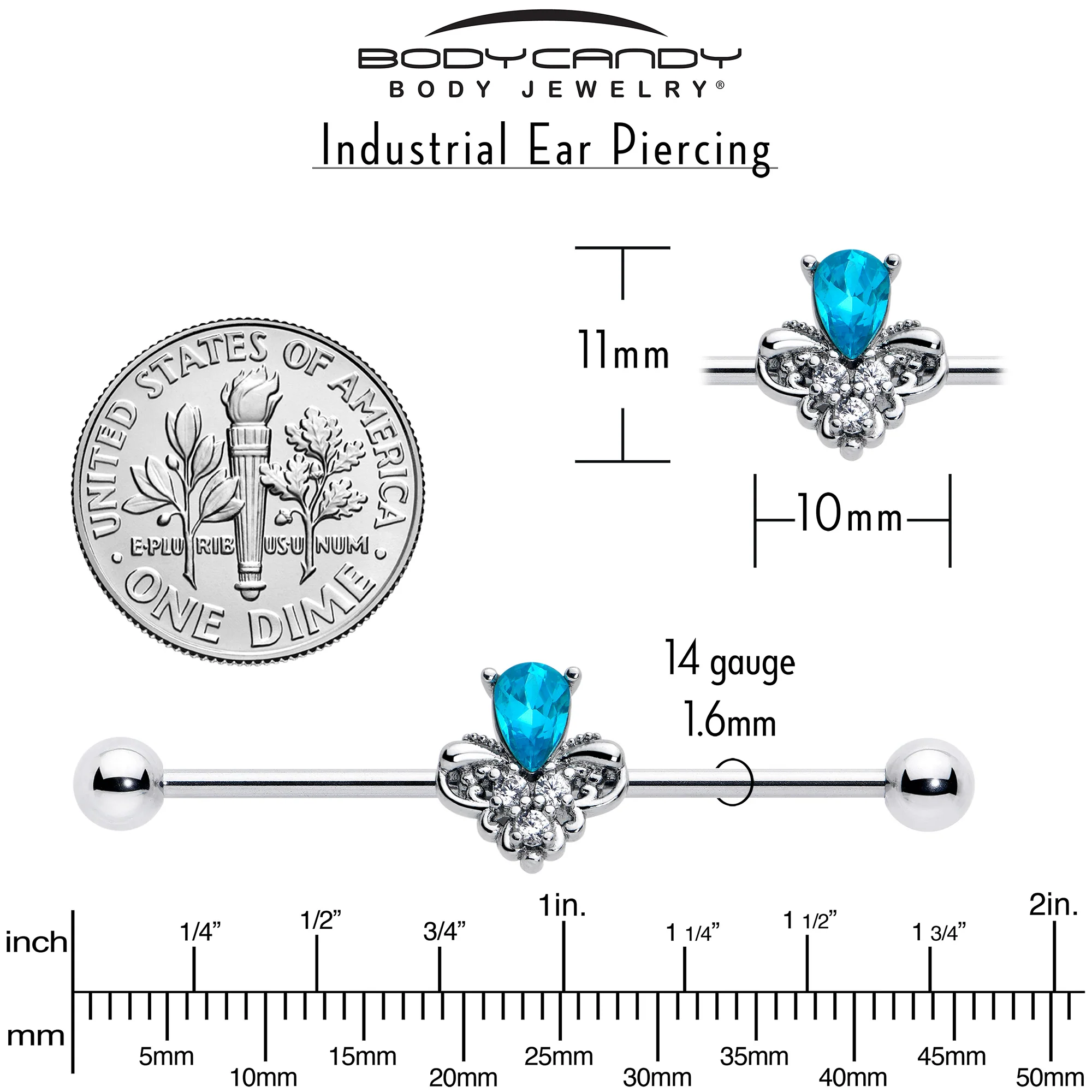 14G Blue Gem Style Simplicity Industrial Barbell 38mm - Image 5