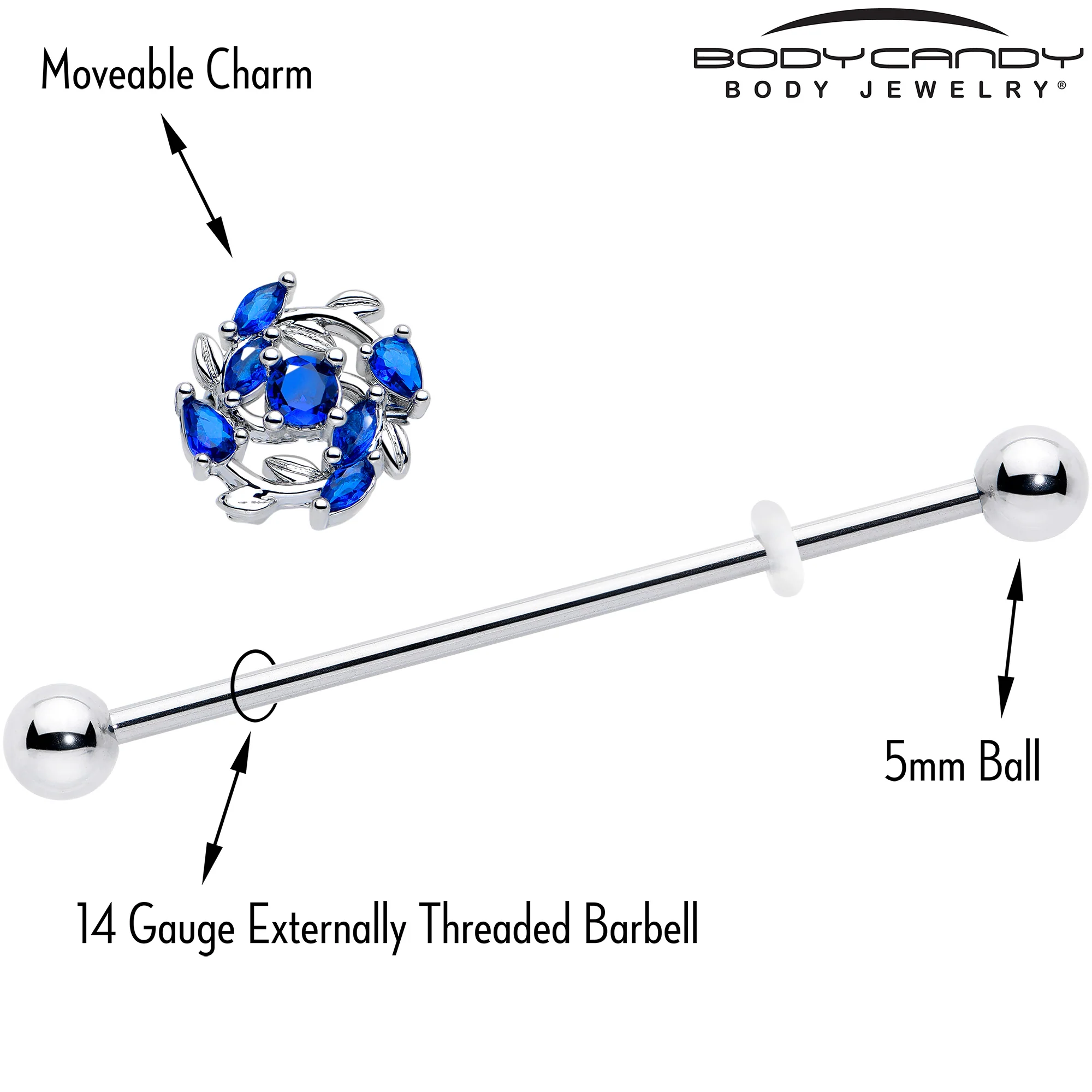 14G Blue Gem Twining Vine Industrial Barbell 38mm - Image 4