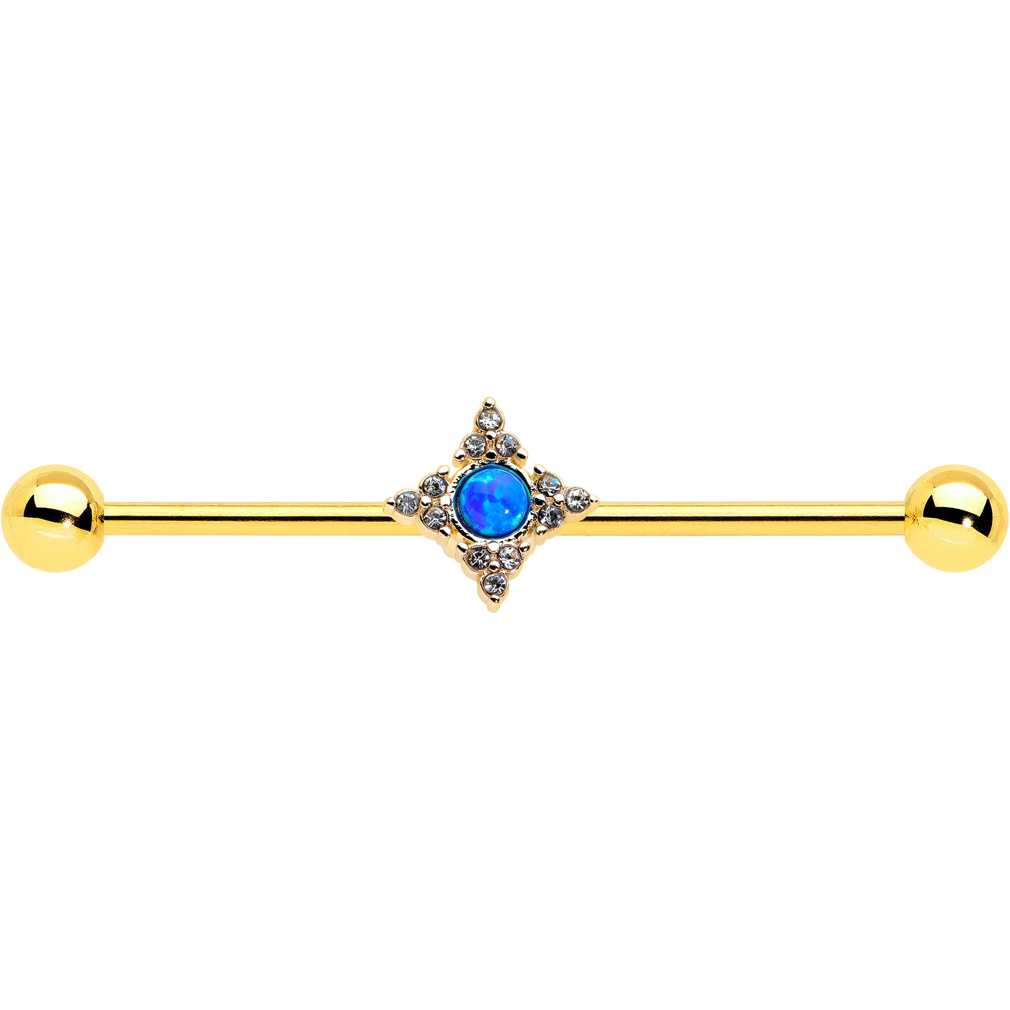 14G Blue Synthetic Opal Gold Tone Rhombus Industrial Barbell 38mm - Image 2