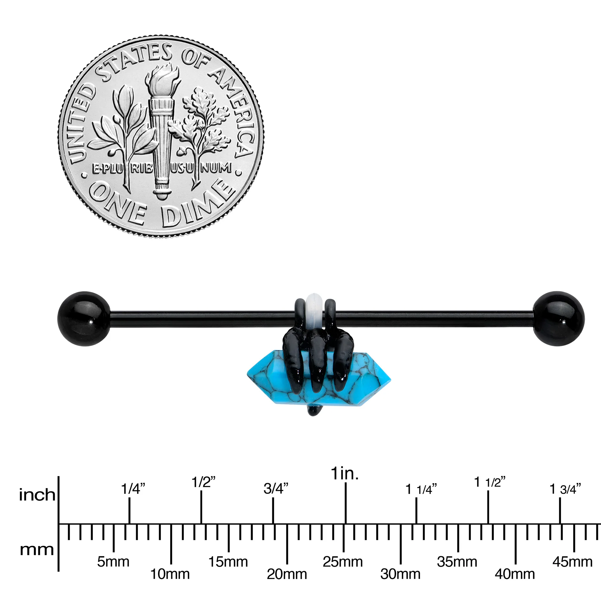 14G Blue Turquoise Black Claw Industrial Barbell 38mm - Image 3