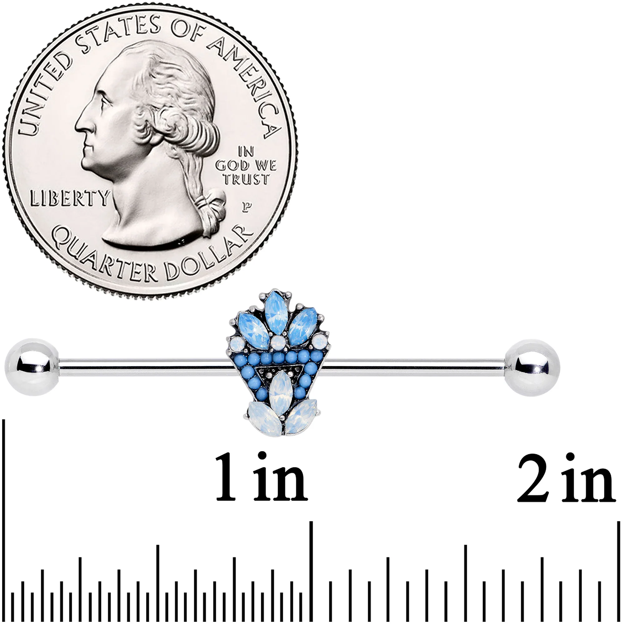 14G Blue White Faux Opal Ornate Industrial Barbell 38mm - Image 3