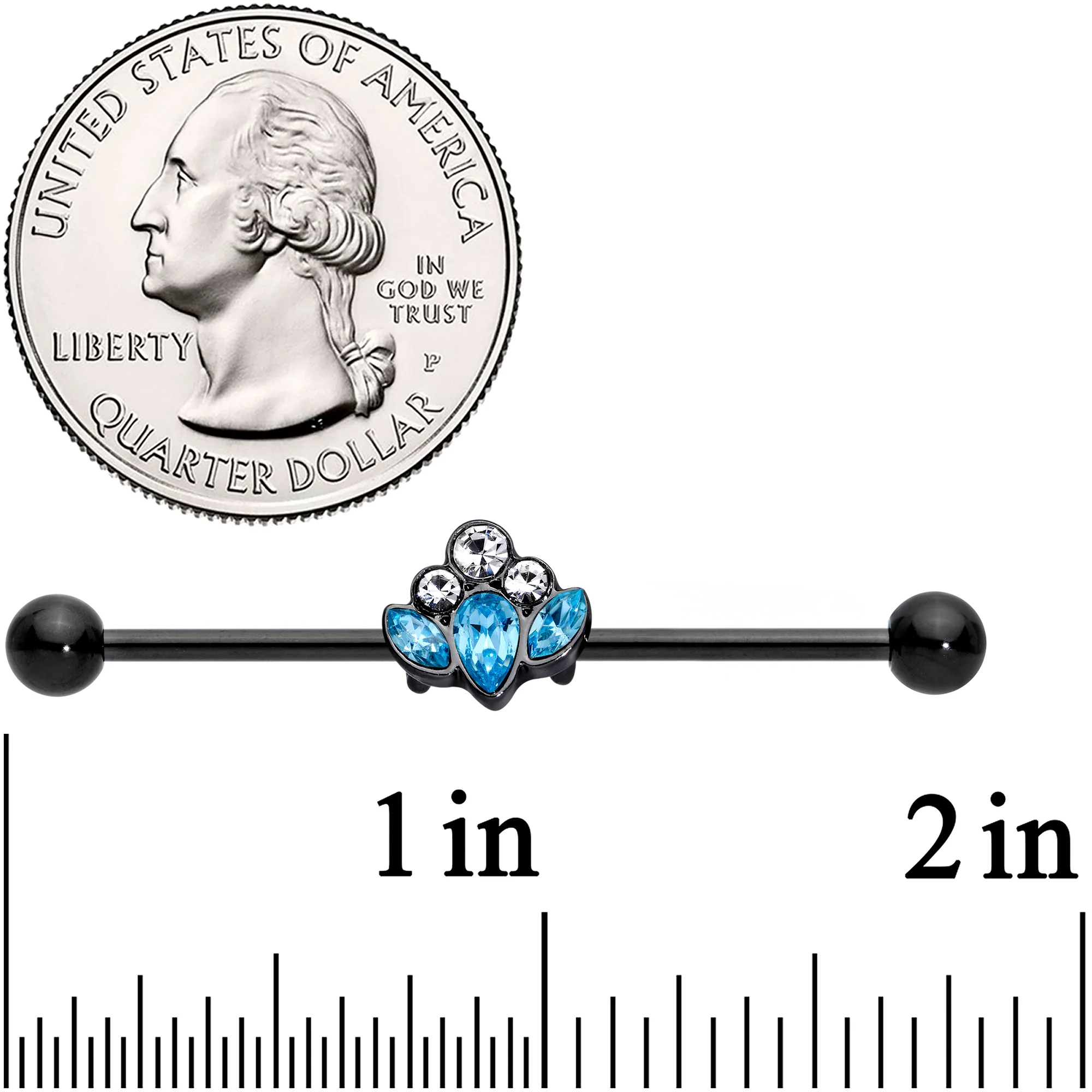 14G Clear Aqua Gem Black Anodized Classic Cluster Industrial Barbell 38mm - Image 3