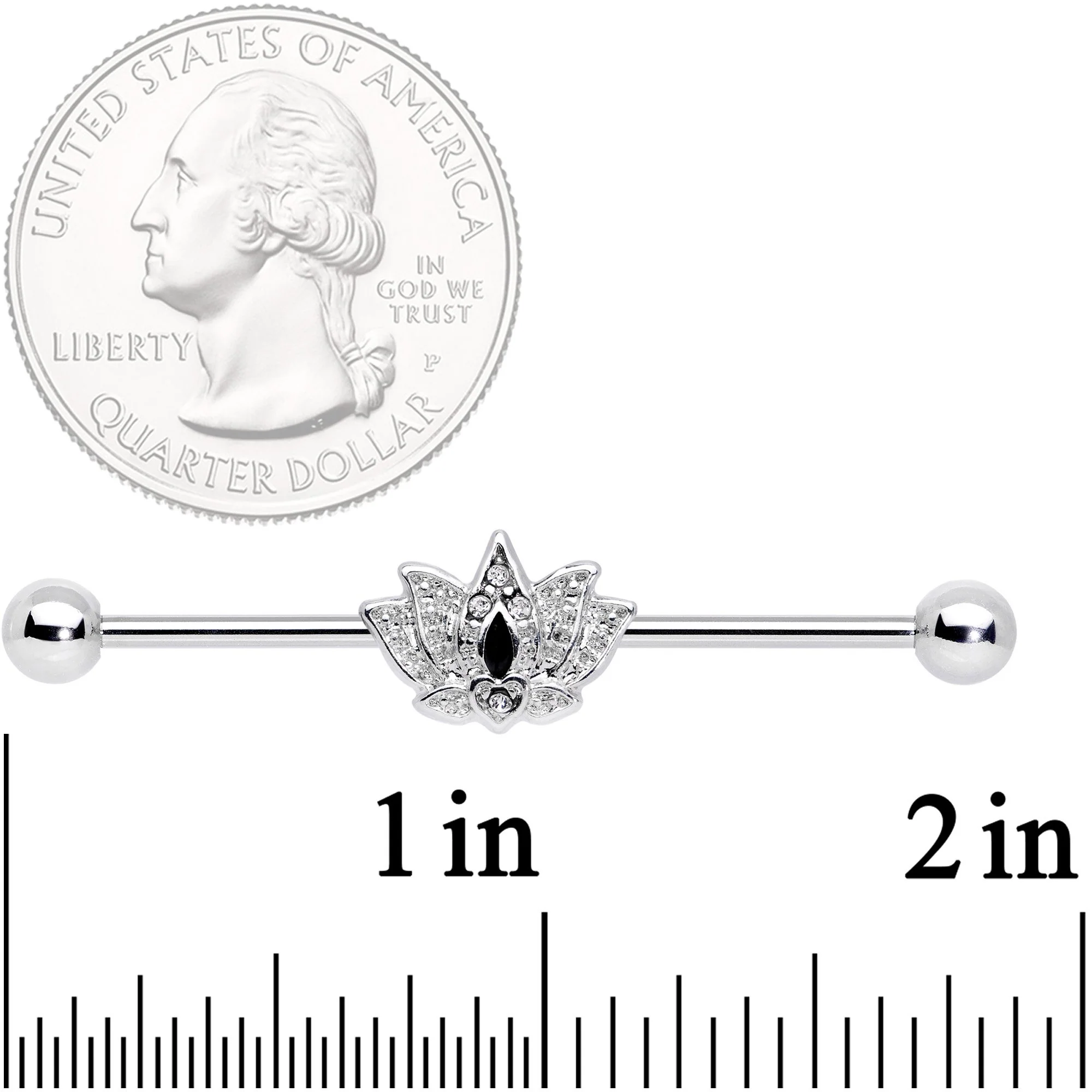 14G Clear Black Gem Crown Lotus Flower Industrial Barbell 38mm - Image 2