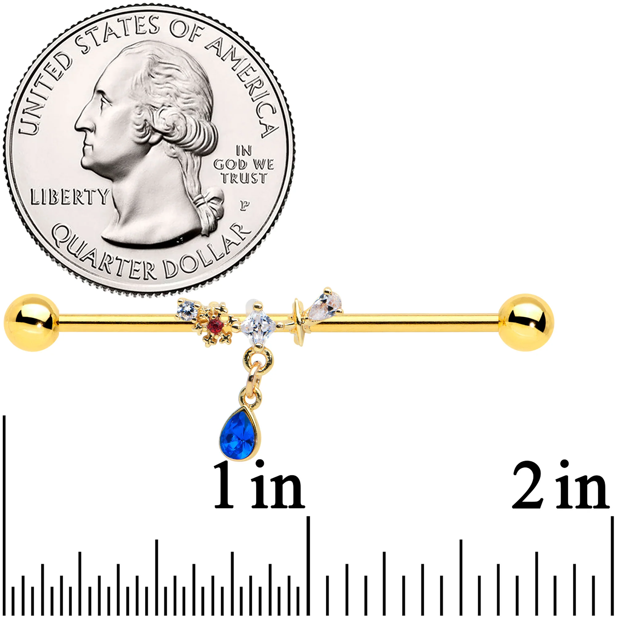 14G Clear Blue Gem Gold Tone Drop Dangle Industrial Barbell 38mm - Image 2