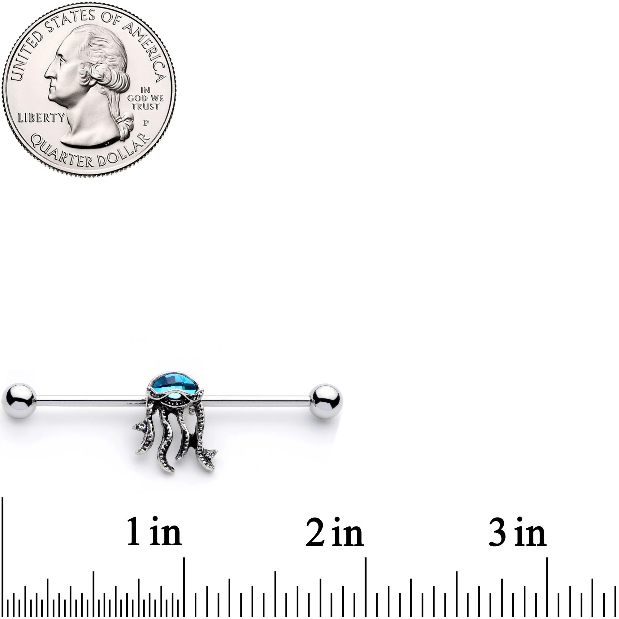 14G Clear Blue Gem Nautical Jellyfish Industrial Barbell 38mm - Image 2