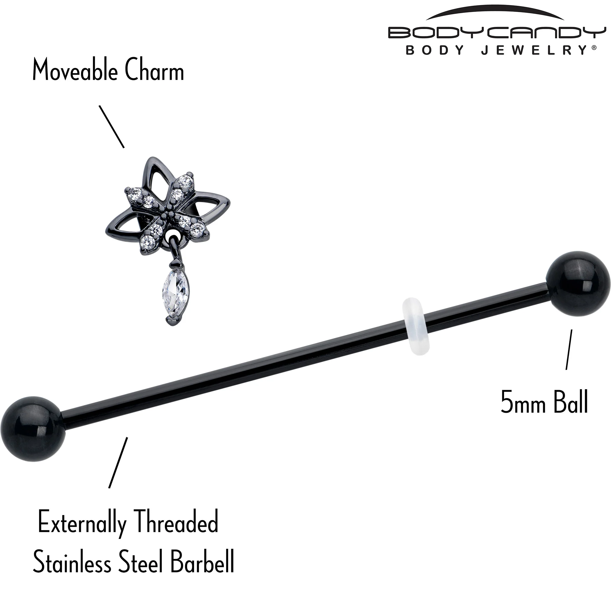 14G Clear CZ Gem Black Gothic Star Dangle Industrial Barbell 38mm - Image 4