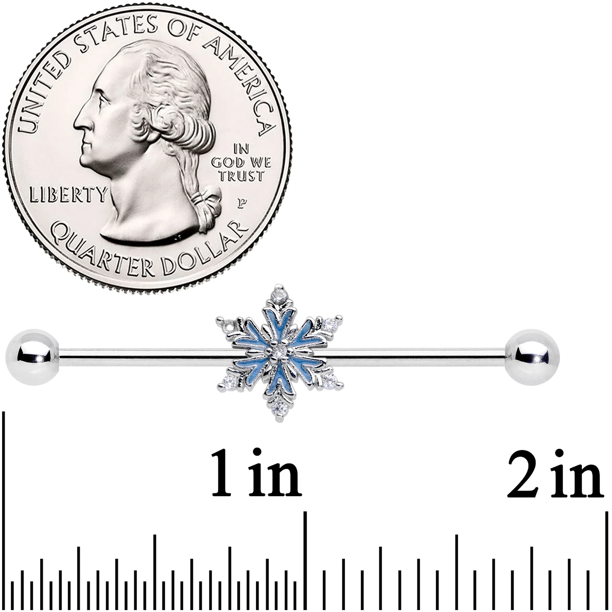 14G Clear CZ Gem Blue Snowflake Christmas Industrial Barbell 38mm - Image 2
