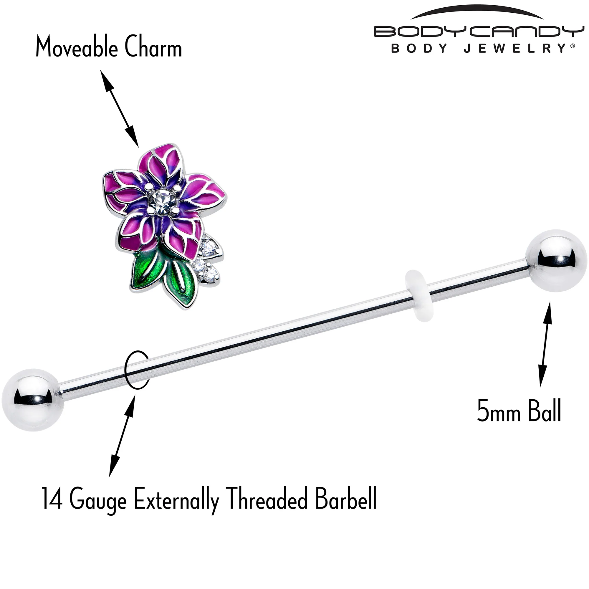 14G Clear CZ Gem Flower Purple Industrial Barbell 38mm - Image 4