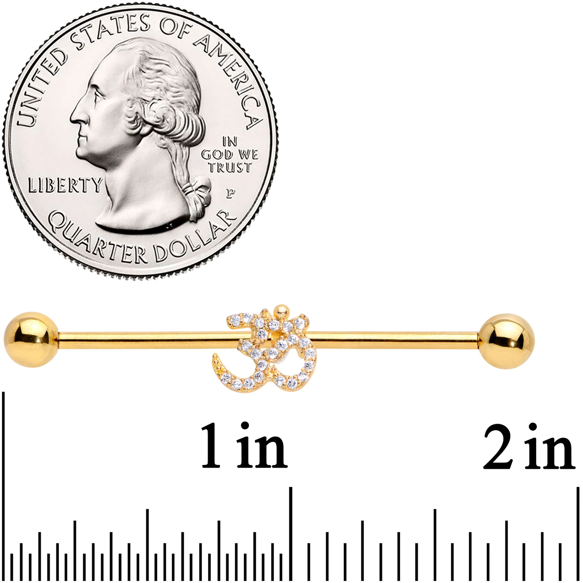 14G Clear CZ Gem Gold Tone Amazing Om Industrial Barbell 38mm - Image 2