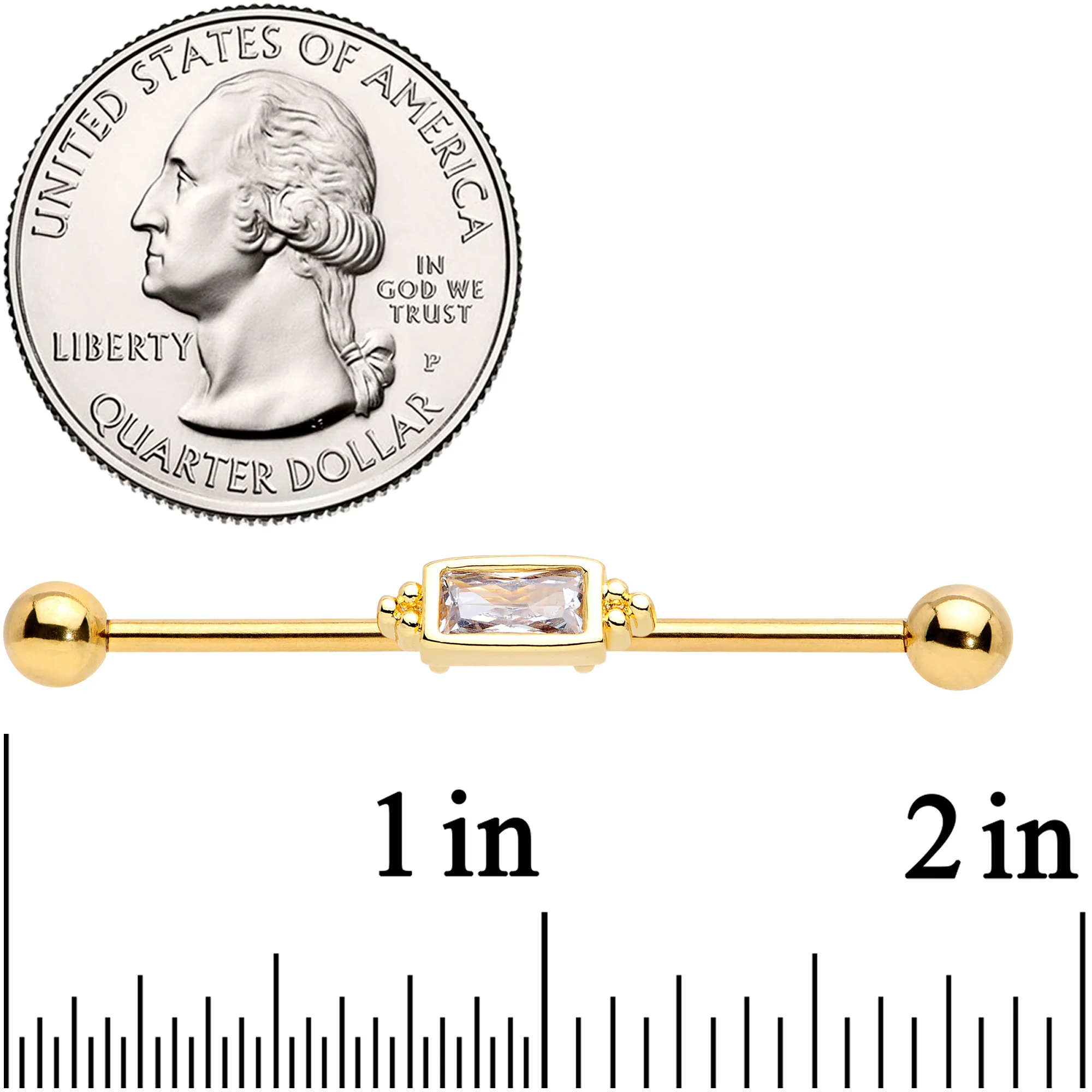 14G Clear CZ Gem Gold Tone Oblong Industrial Barbell 38mm - Image 2