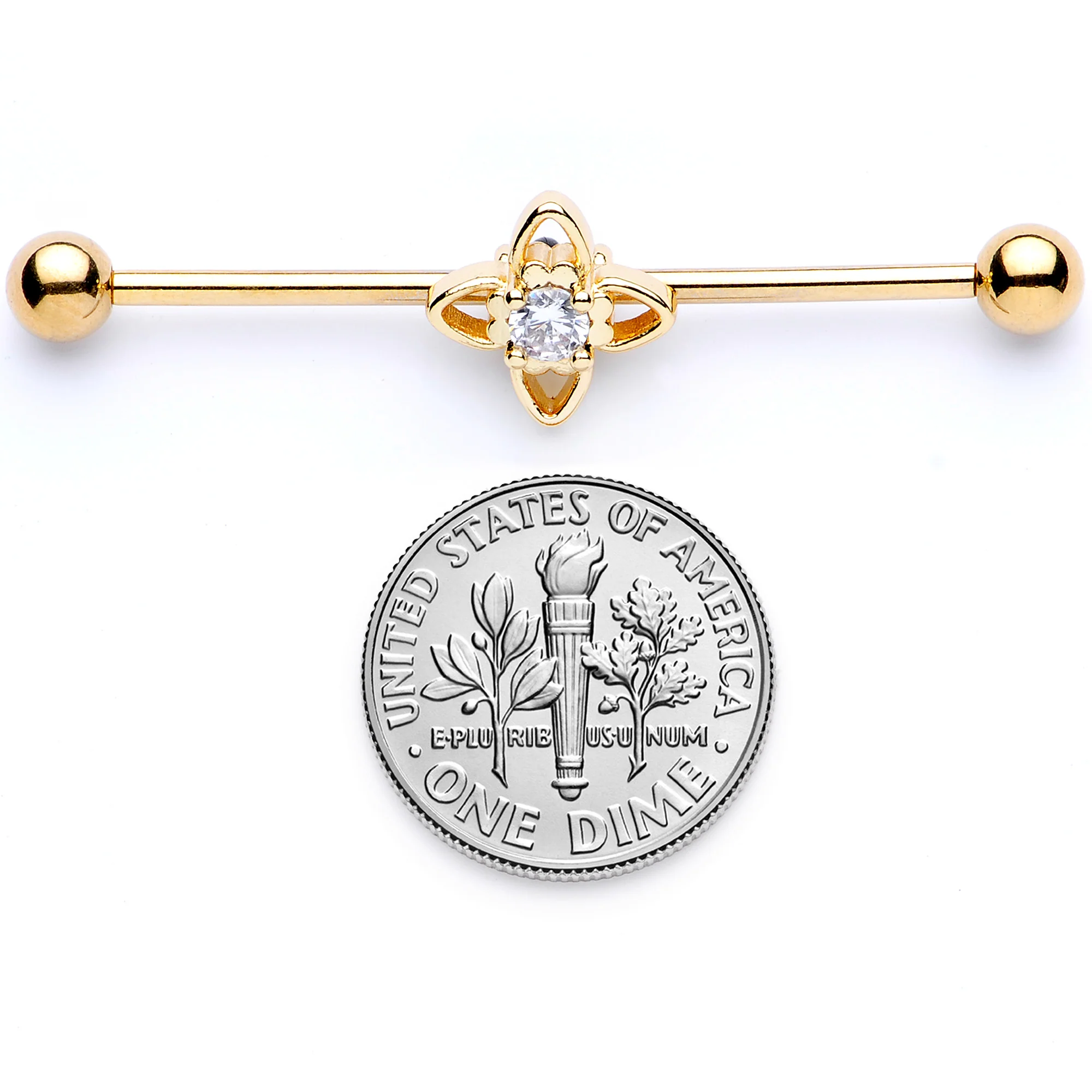 14G Clear CZ Gem Gold Tone Open Flower Industrial Barbell 38mm - Image 7