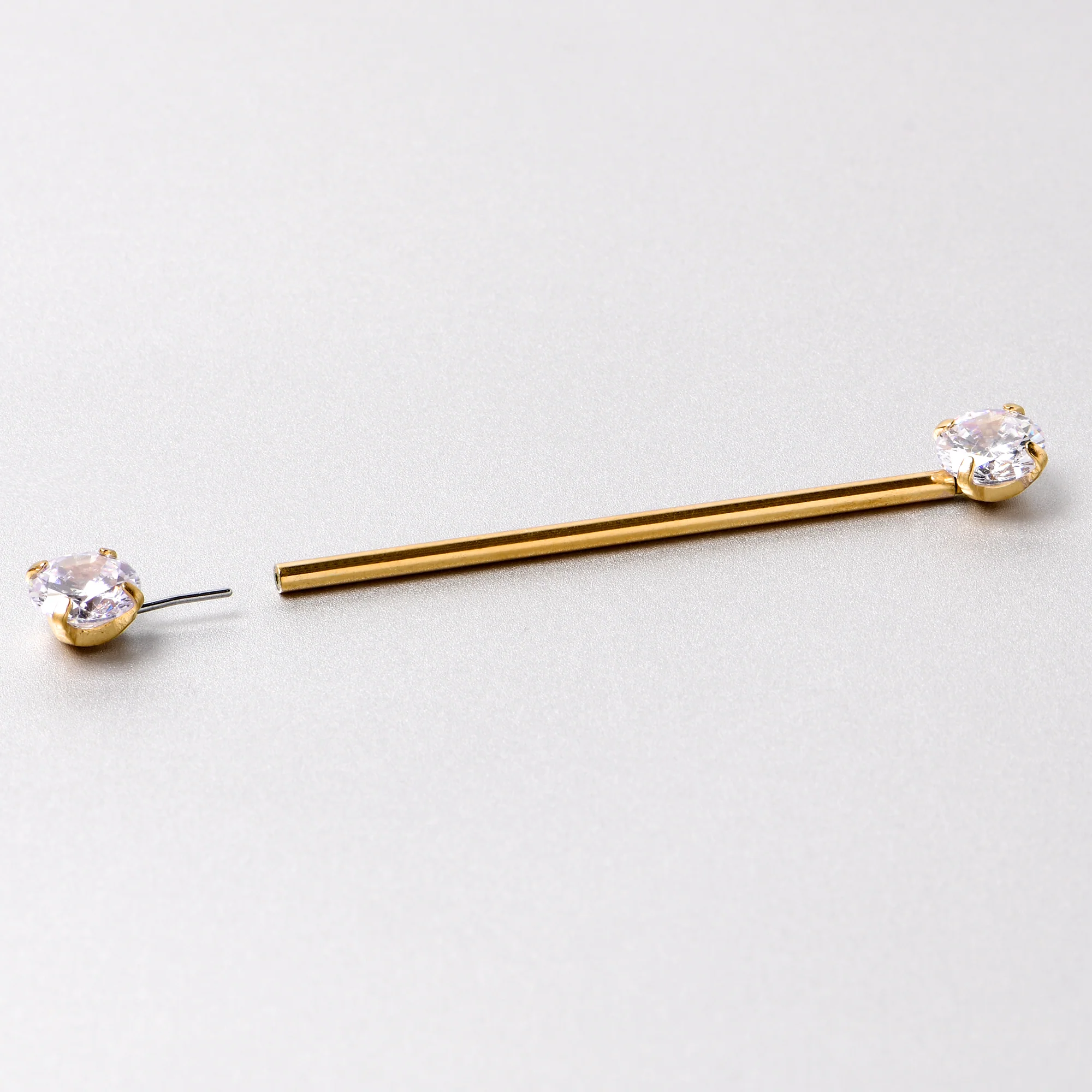 14G Clear CZ Gem Gold Tone Threadless Industrial Barbell 38mm - Image 6