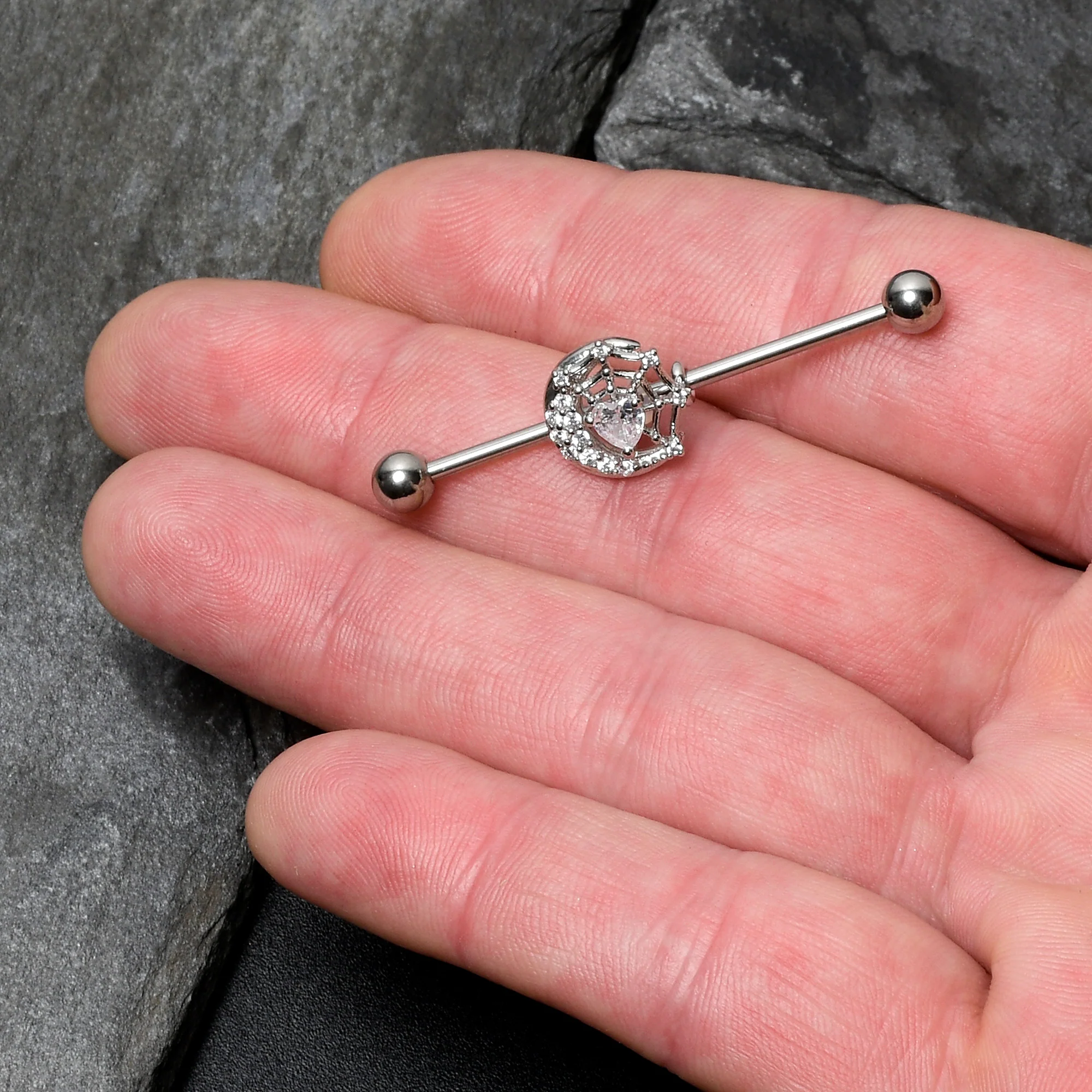 14G Clear CZ Gem Heart Web Moon Industrial Barbell 38mm - Image 3