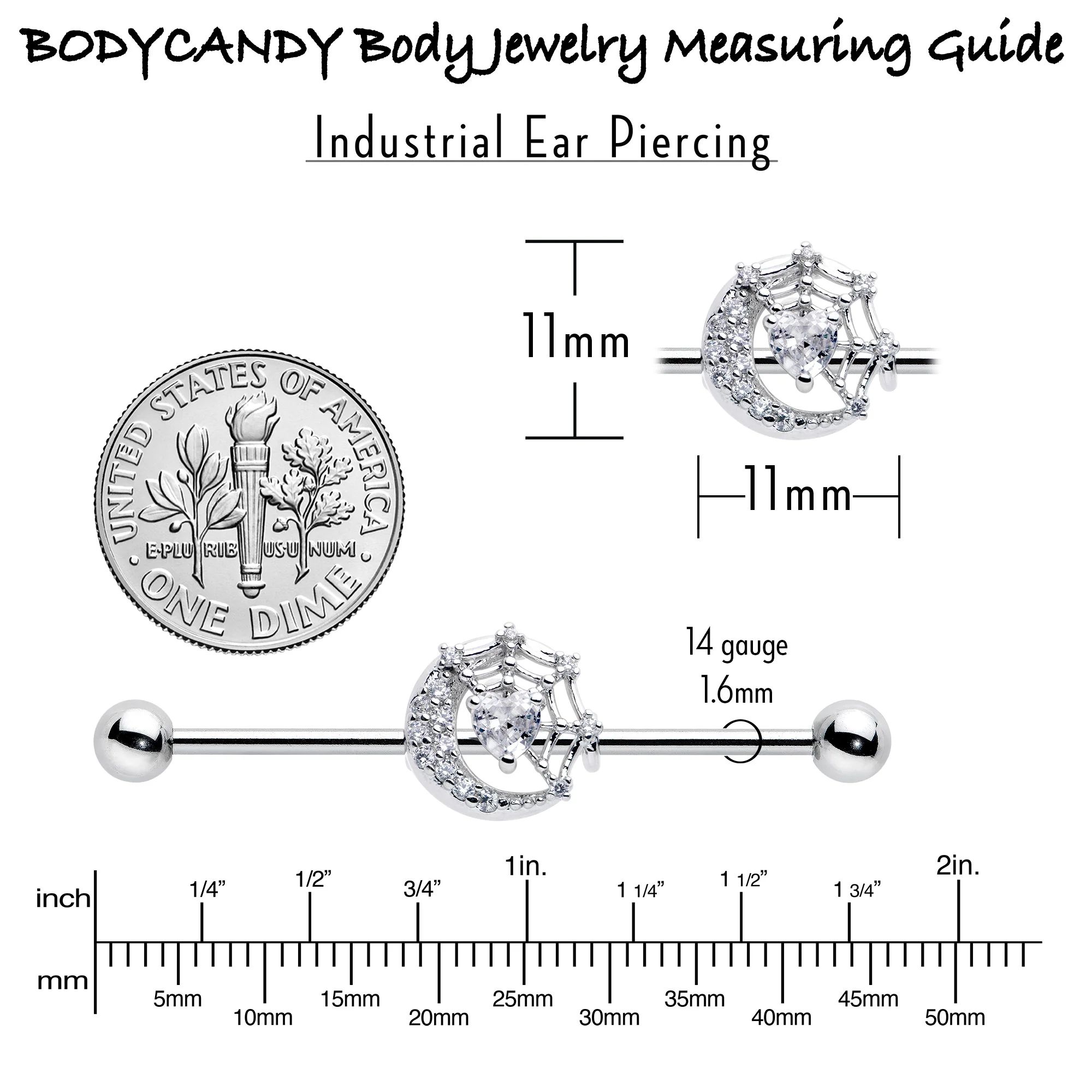 14G Clear CZ Gem Heart Web Moon Industrial Barbell 38mm - Image 6