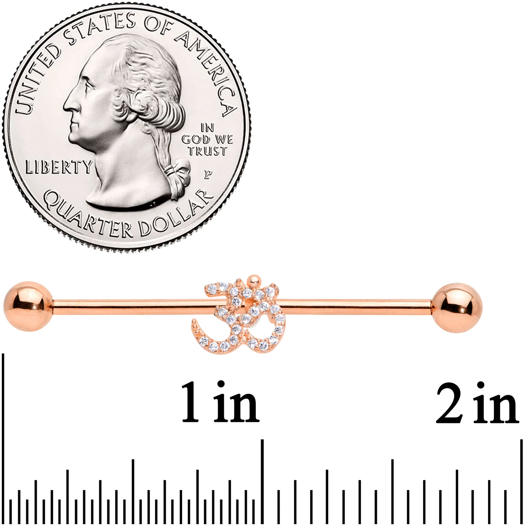 14G Clear CZ Gem Rose Gold Hue Amazing Om Industrial Barbell 38mm - Image 2