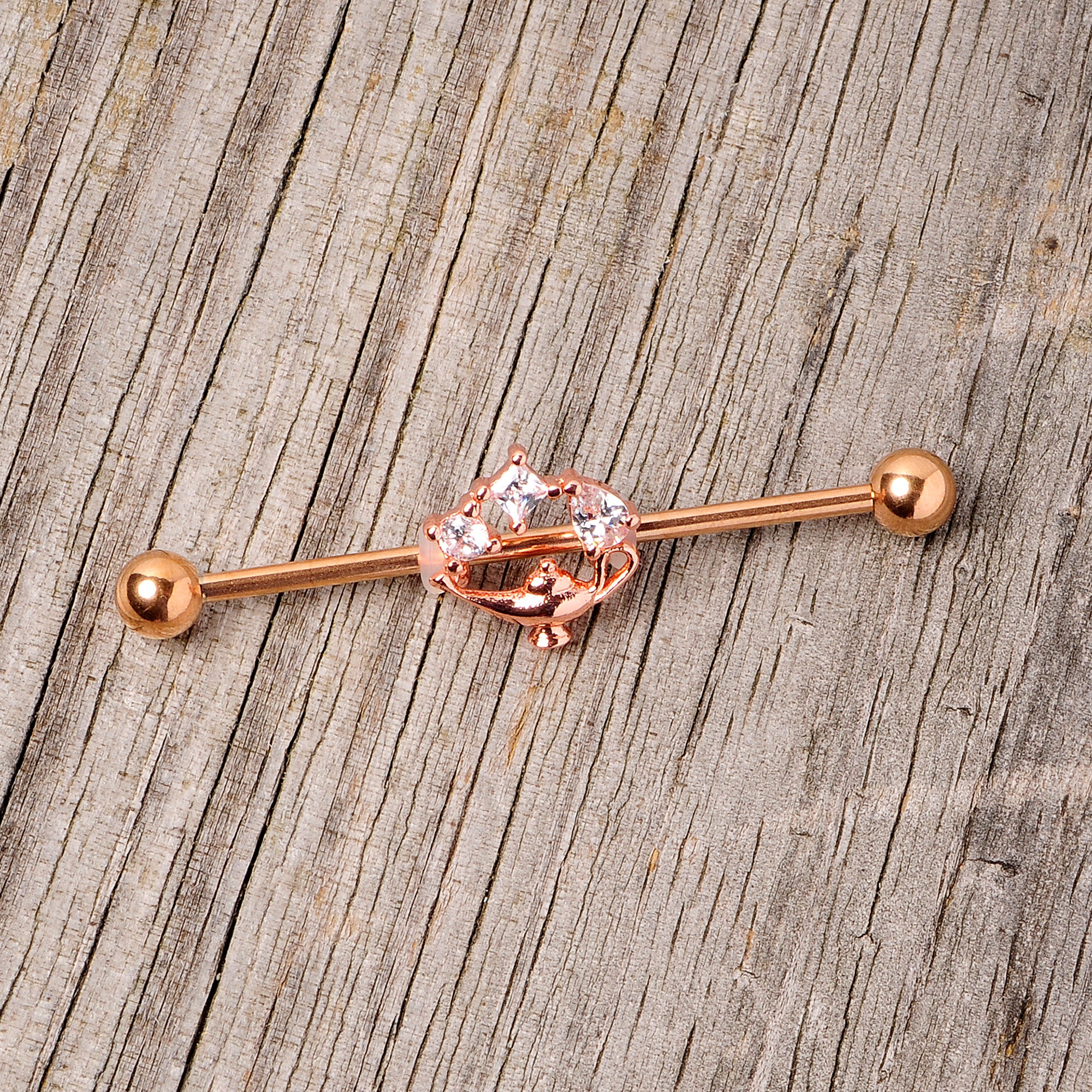 14G Clear CZ Gem Rose Gold Hue Genie Lamp Industrial Barbell 38mm - Image 5