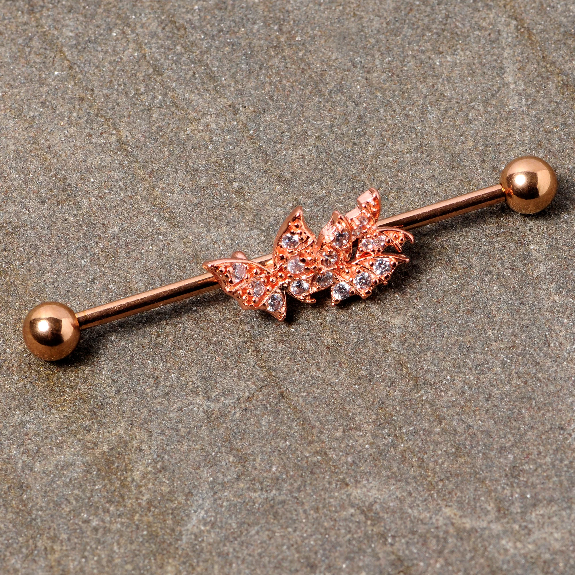 14G Clear CZ Gem Rose Gold Tone Butterflies Industrial Barbell 38mm - Image 2