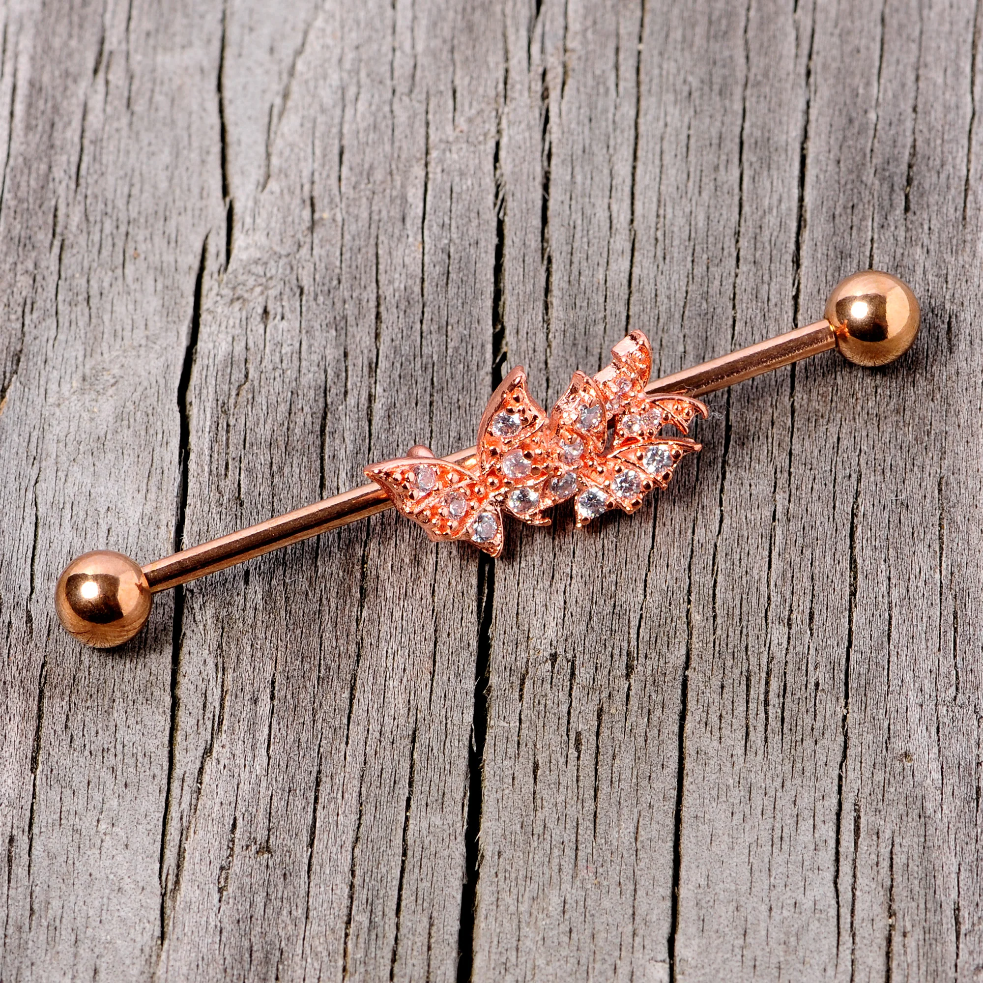 14G Clear CZ Gem Rose Gold Tone Butterflies Industrial Barbell 38mm - Image 3