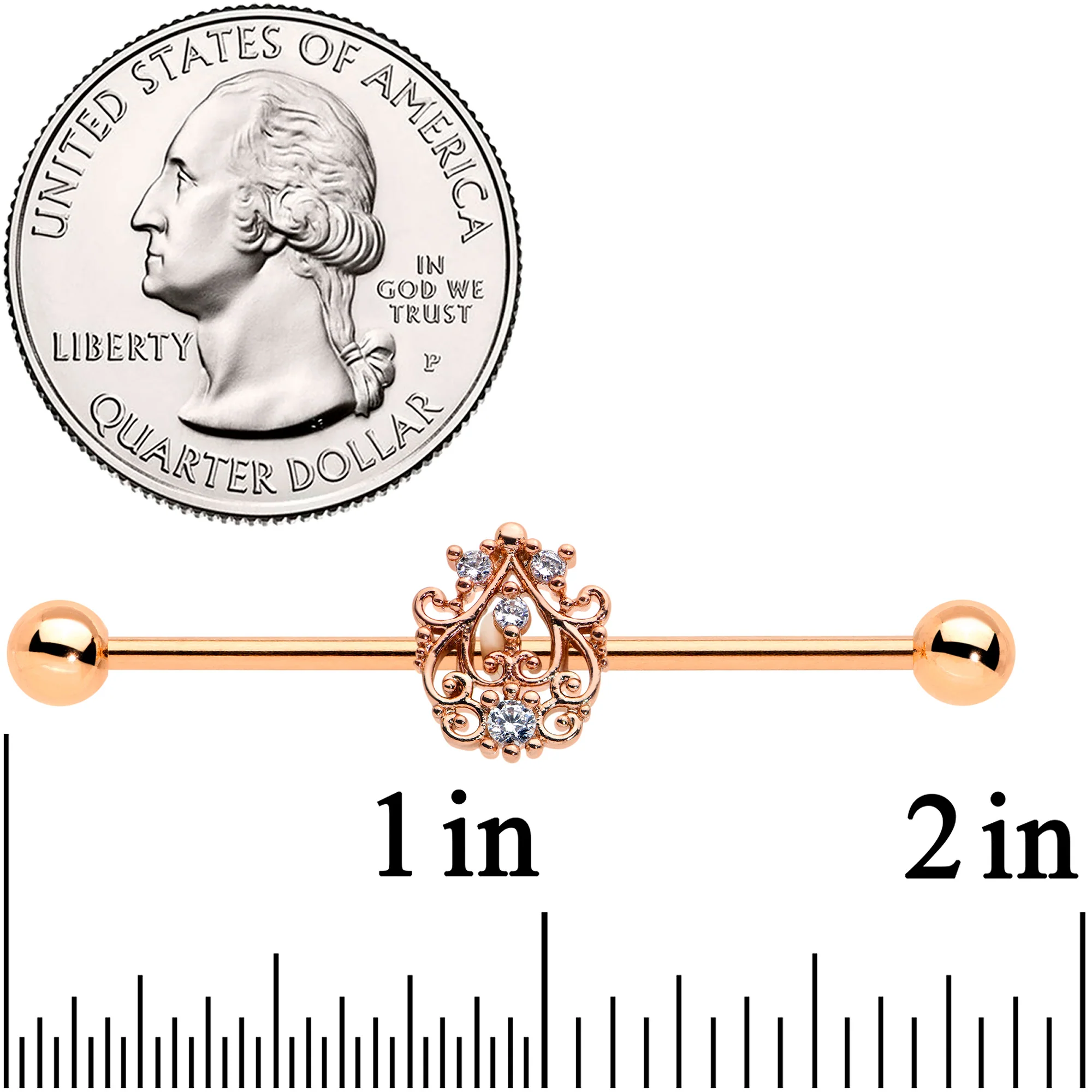 14G Clear CZ Gem Rose Gold Tone Elegant Industrial Barbell 38mm - Image 2