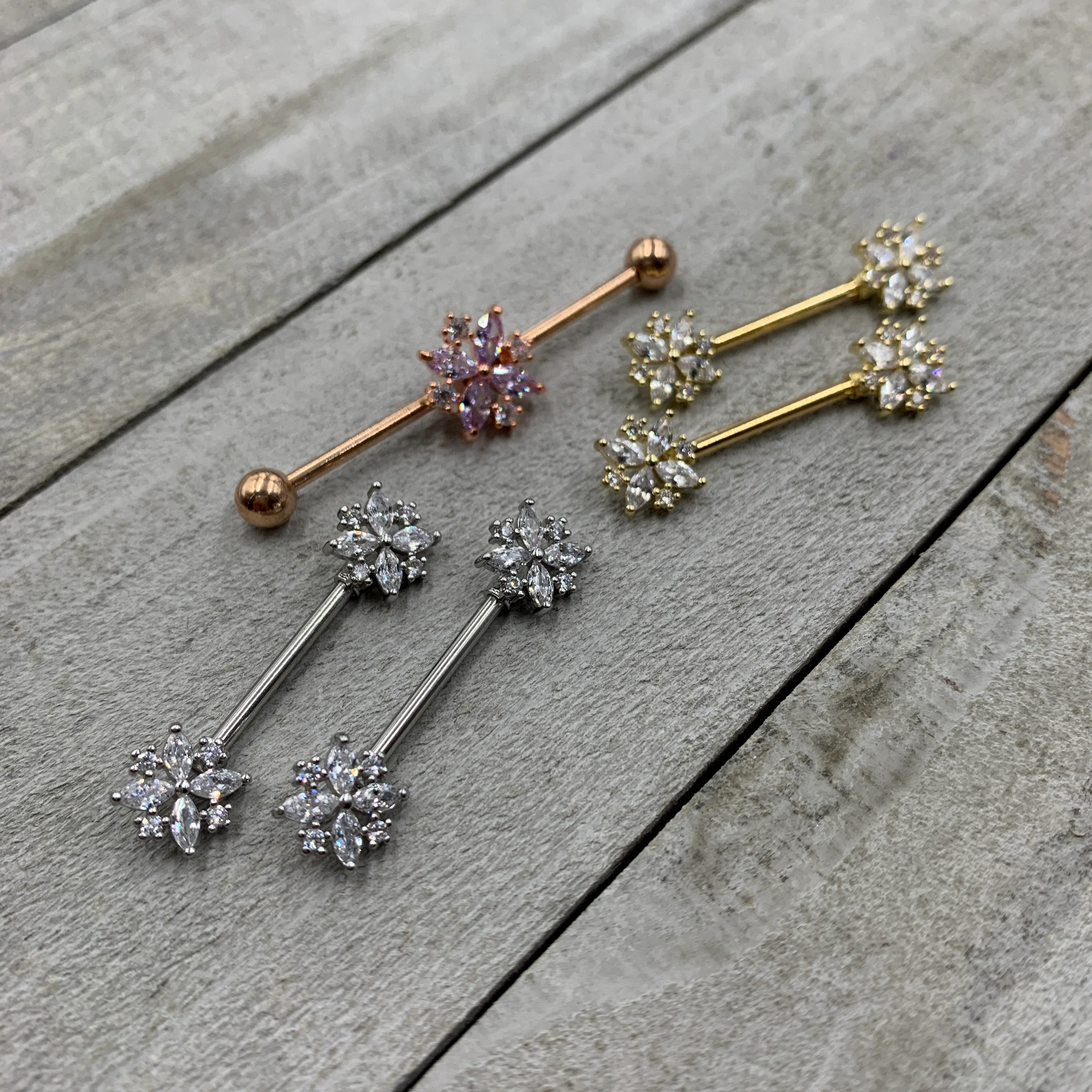 14G Clear CZ Gem Rose Gold Tone Star Burst Industrial Barbell 38mm - Image 3