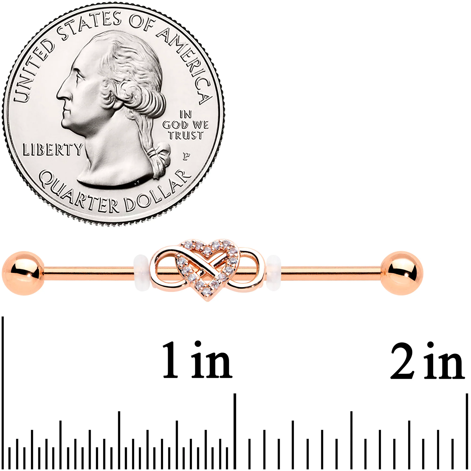14G Clear CZ Gem Rosy Infinity Heart Industrial Barbell 38mm - Image 2