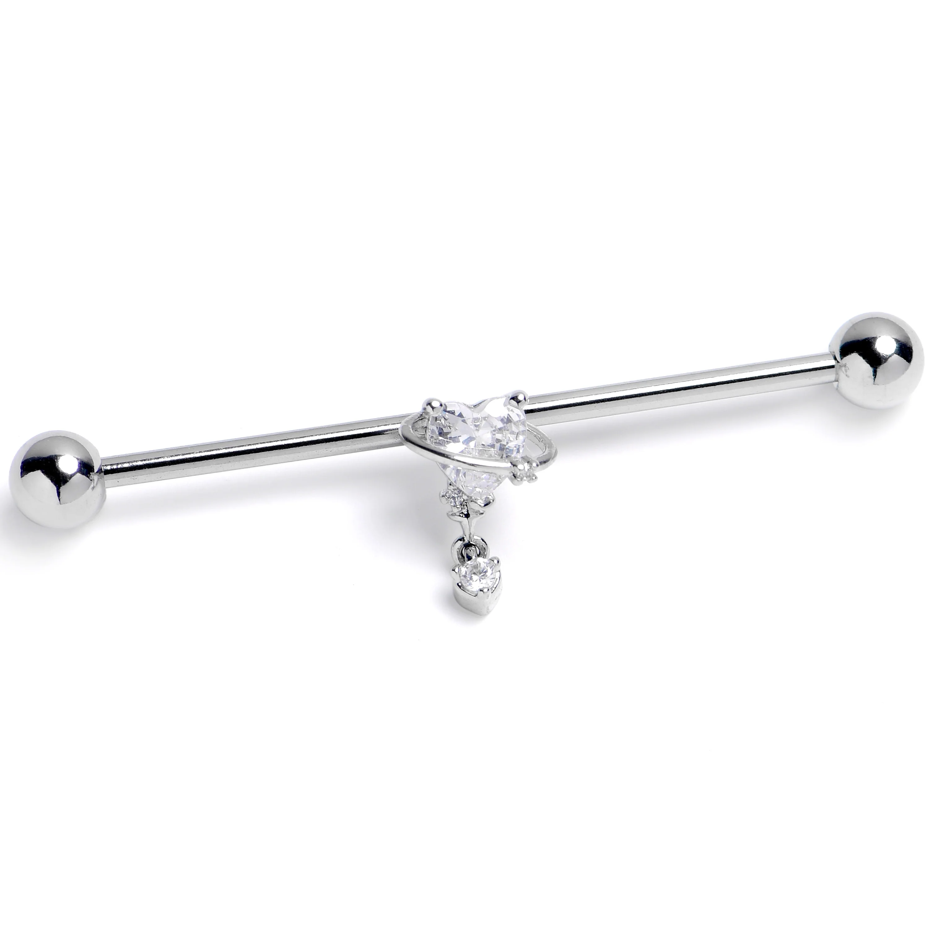 14G Clear CZ Gem Saturn Heart Dangle Industrial Barbell 38mm
