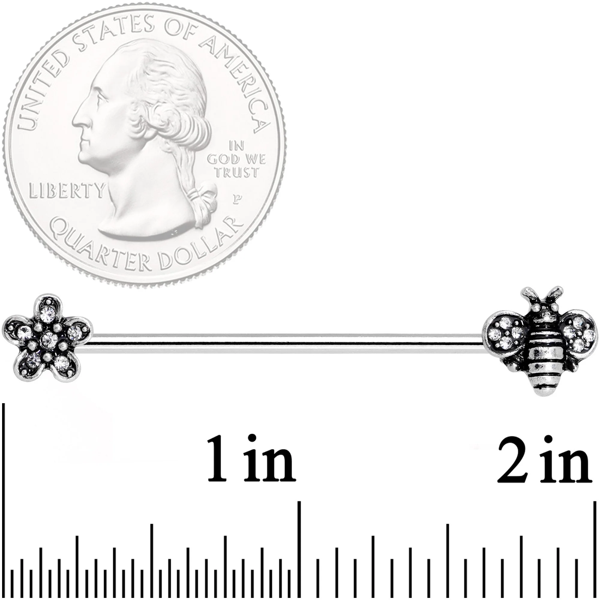 14G Clear Gem Bee Flower Industrial Barbell 38mm - Image 2