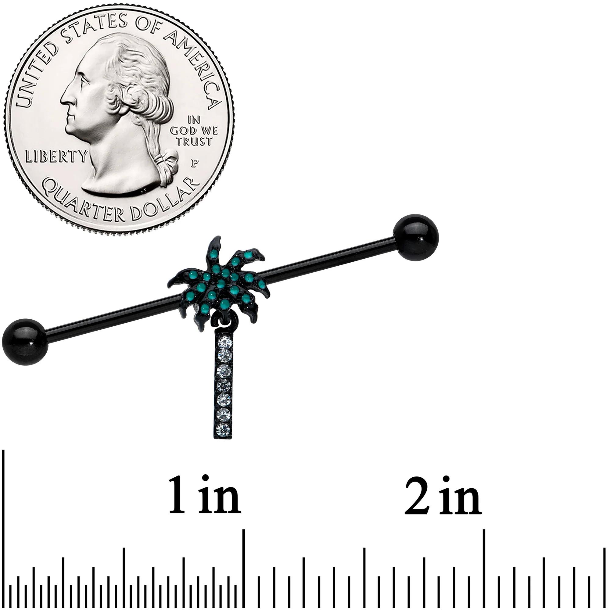 14G Clear Gem Black Night Palm Tree Dangle Industrial Barbell 38mm - Image 2