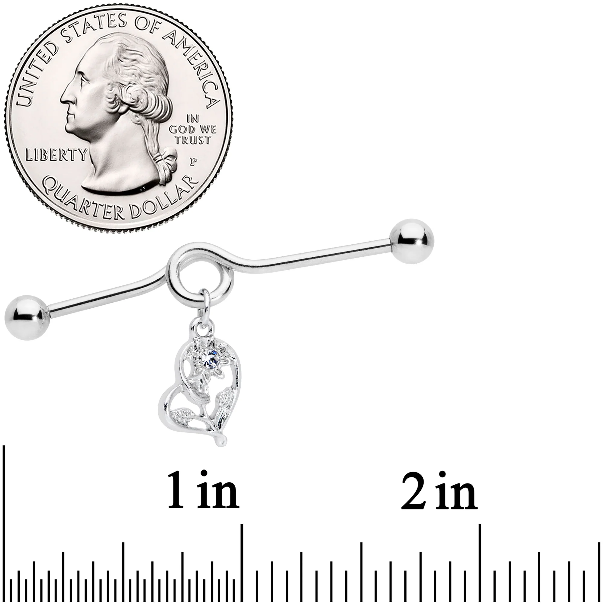 14G Clear Gem Blossoming Heart Flower Dangle Project Bar 38mm - Image 2