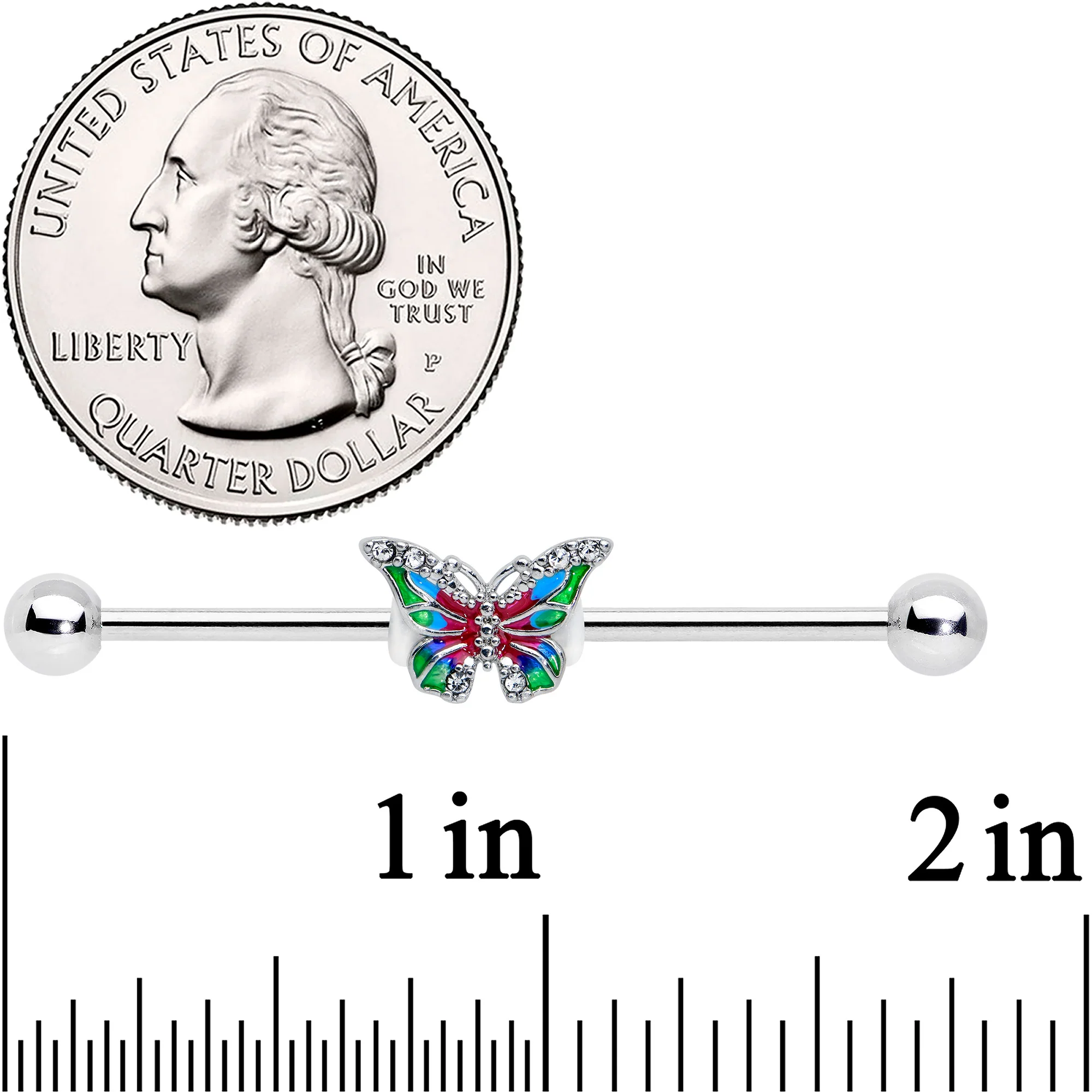 14G Clear Gem Bright Beauty Butterfly Industrial Barbell 38mm - Image 2