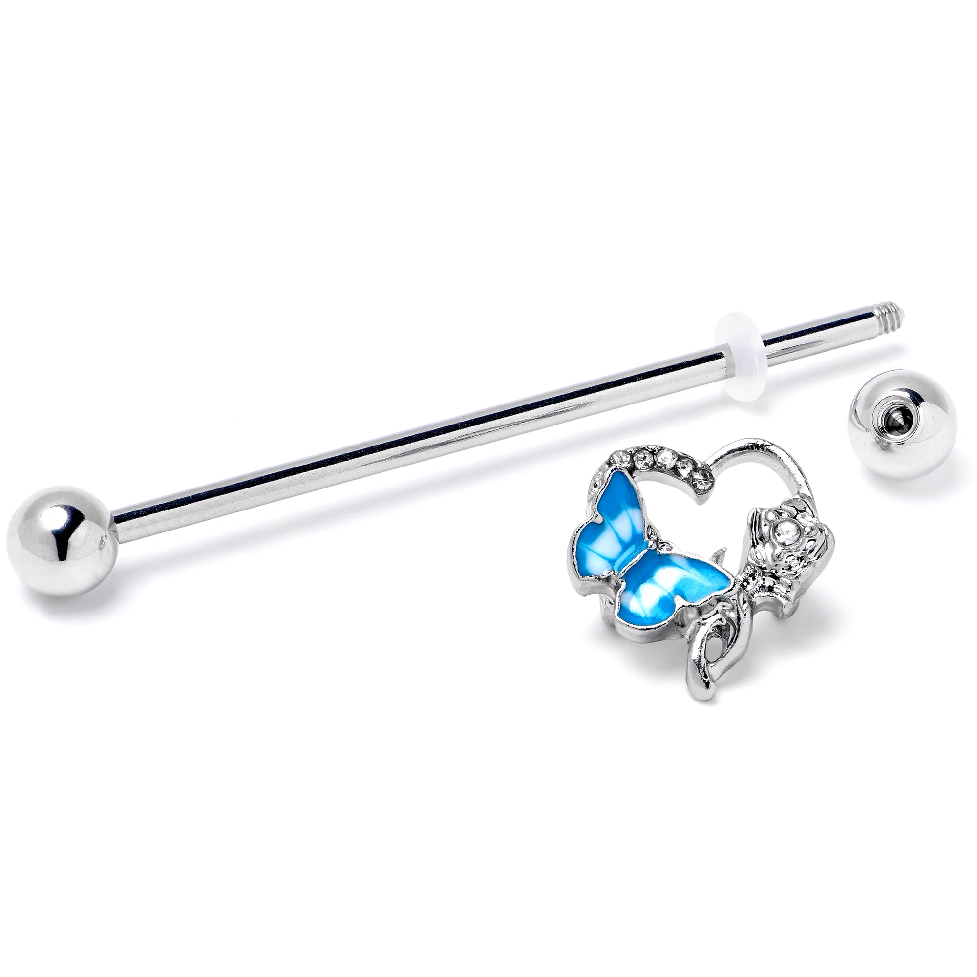14G Clear Gem Butterfly Flower Blue Industrial Barbell 38mm - Image 5