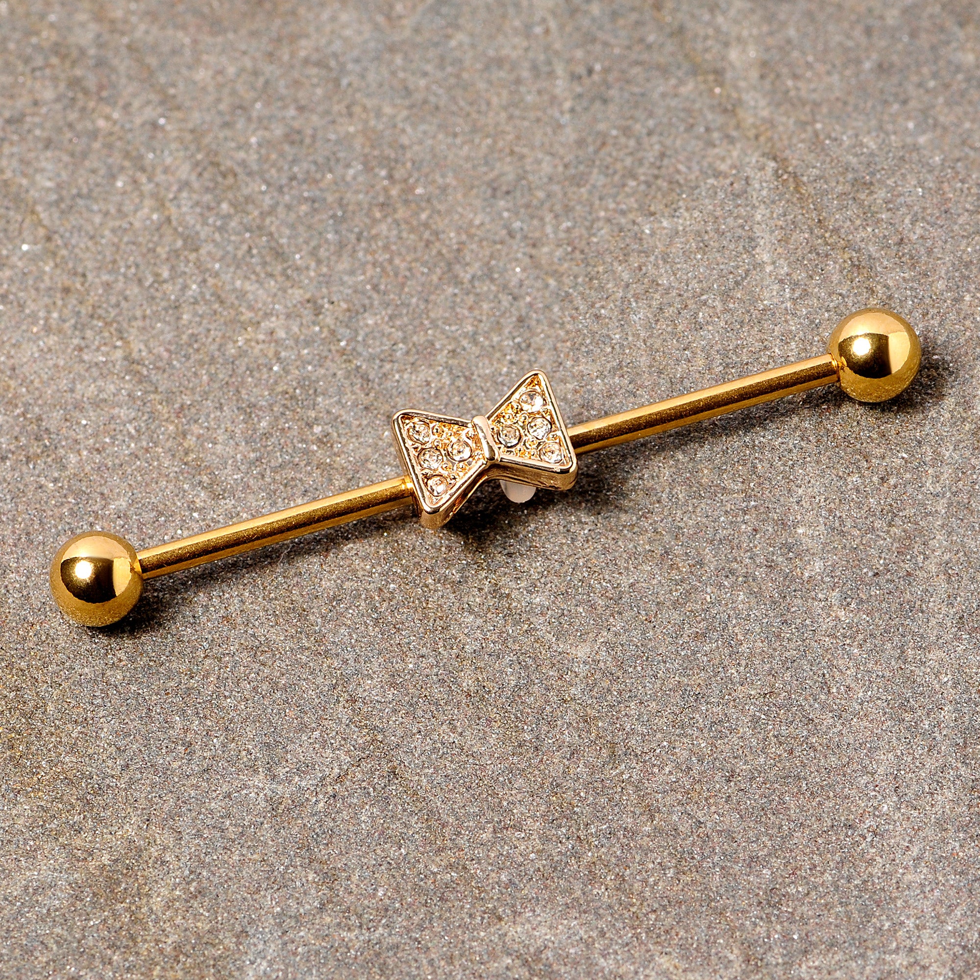 14G Clear Gem Gold Tone Bow Tie Industrial Barbell 38mm - Image 2