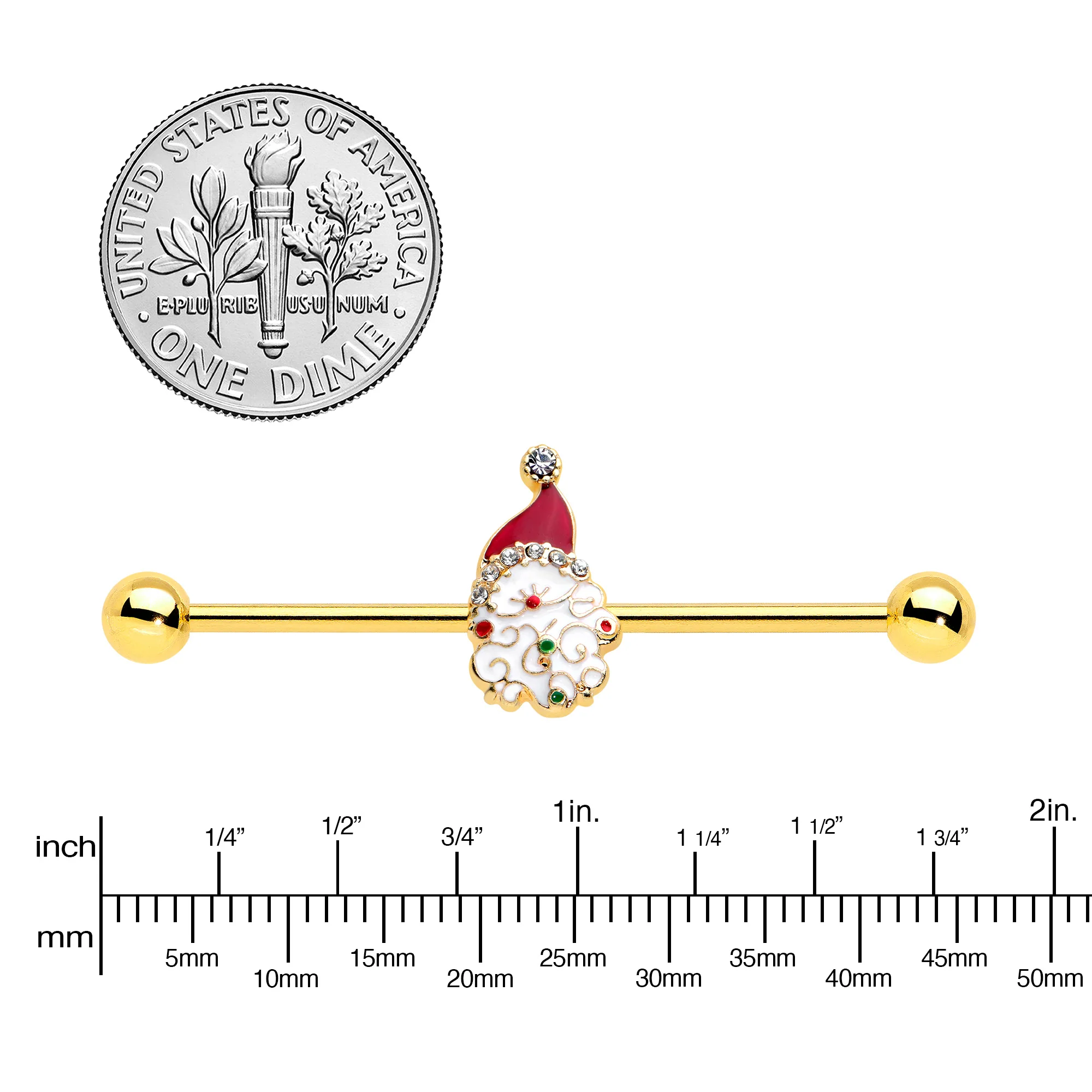 14G Clear Gem Gold Tone Decorated Santa Holiday Industrial Barbell 38mm - Image 3