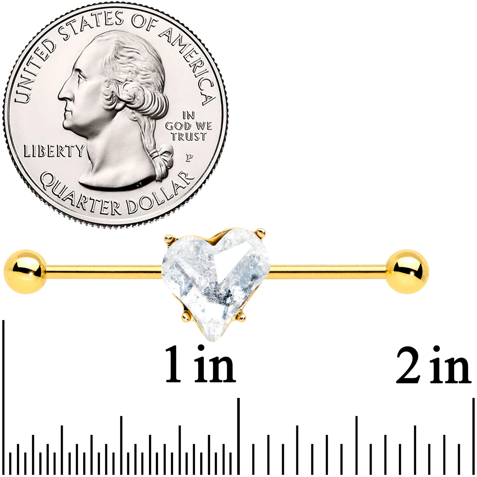 14G Clear Gem Gold Tone Heart Valentine Industrial Barbell 38mm - Image 2
